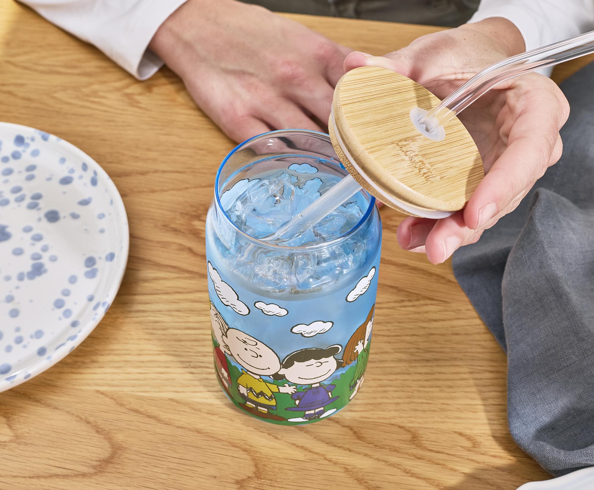 Peanuts Gang Snoopy and Friends 16-Ounce Glass Tumbler With Bamboo Lid and Glass Straw