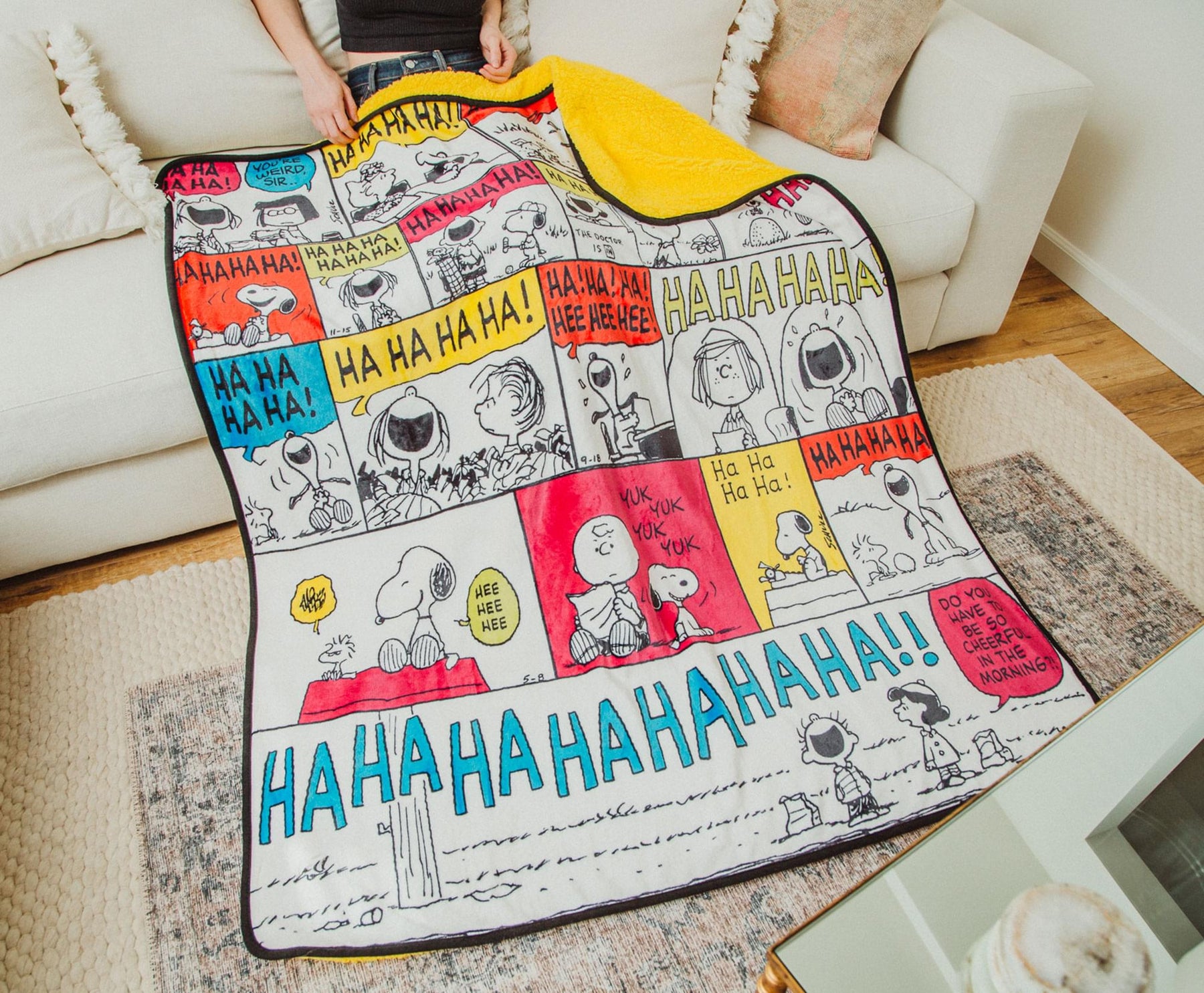 Peanuts "Ha Ha Ha" Comic Strip Panels Sherpa Throw Blanket | 50 x 60 Inches