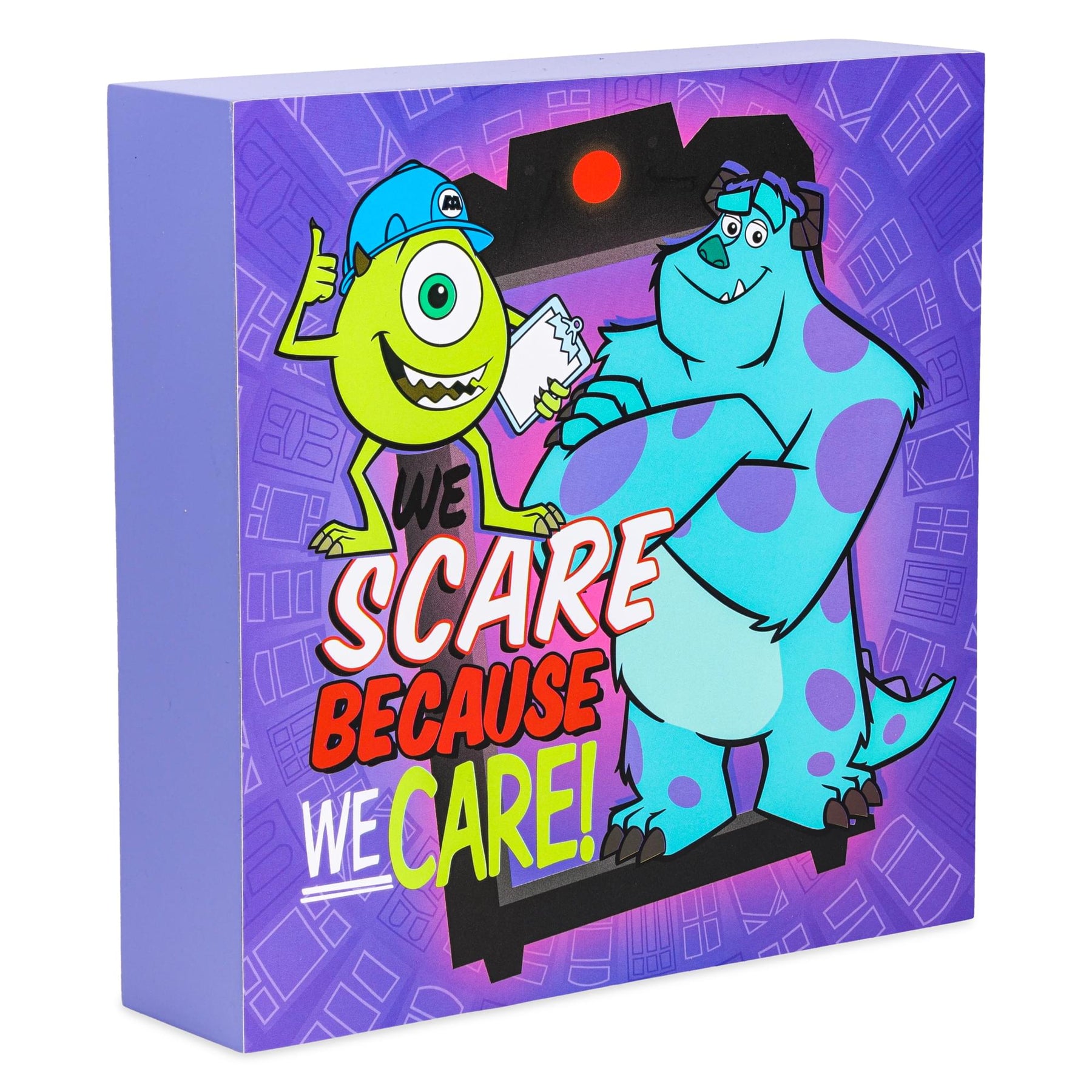 Disney Pixar Monsters, Inc. "We Scare Because We Care" Box Sign | 6 x 6 Inches
