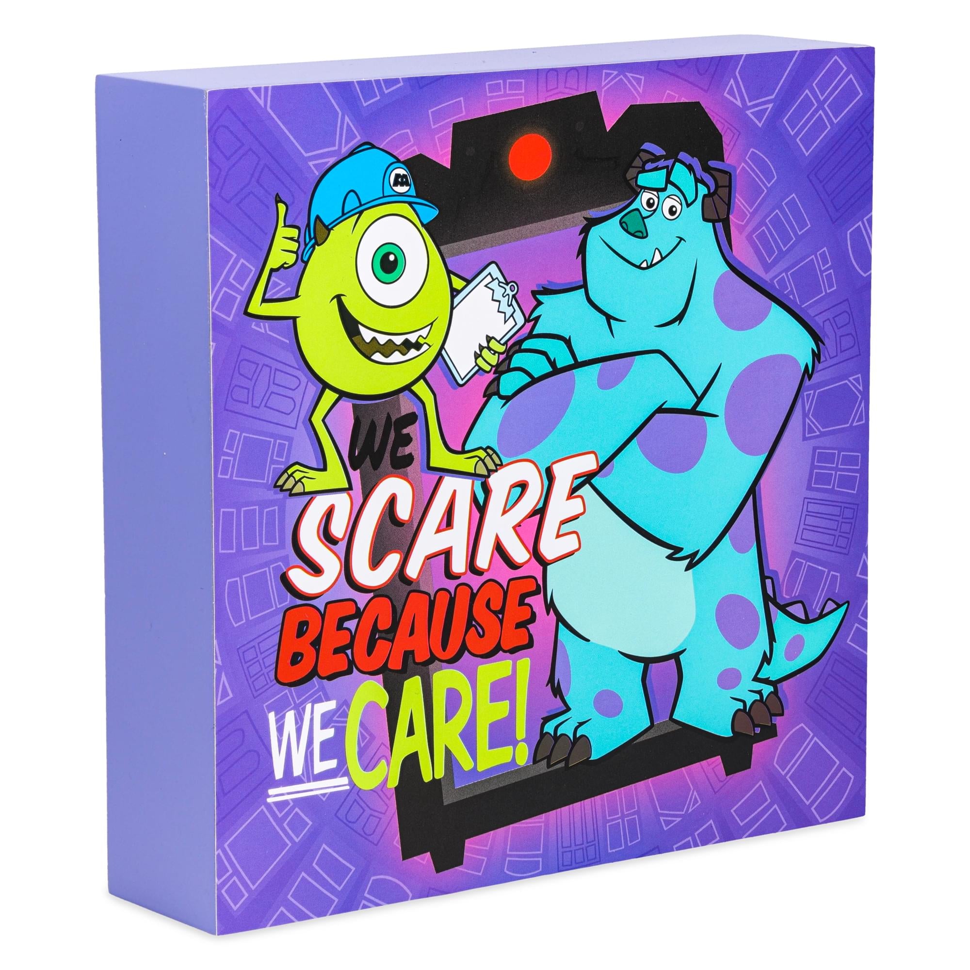 Disney Pixar Monsters, Inc. "We Scare Because We Care" Box Sign | 6 x 6 Inches