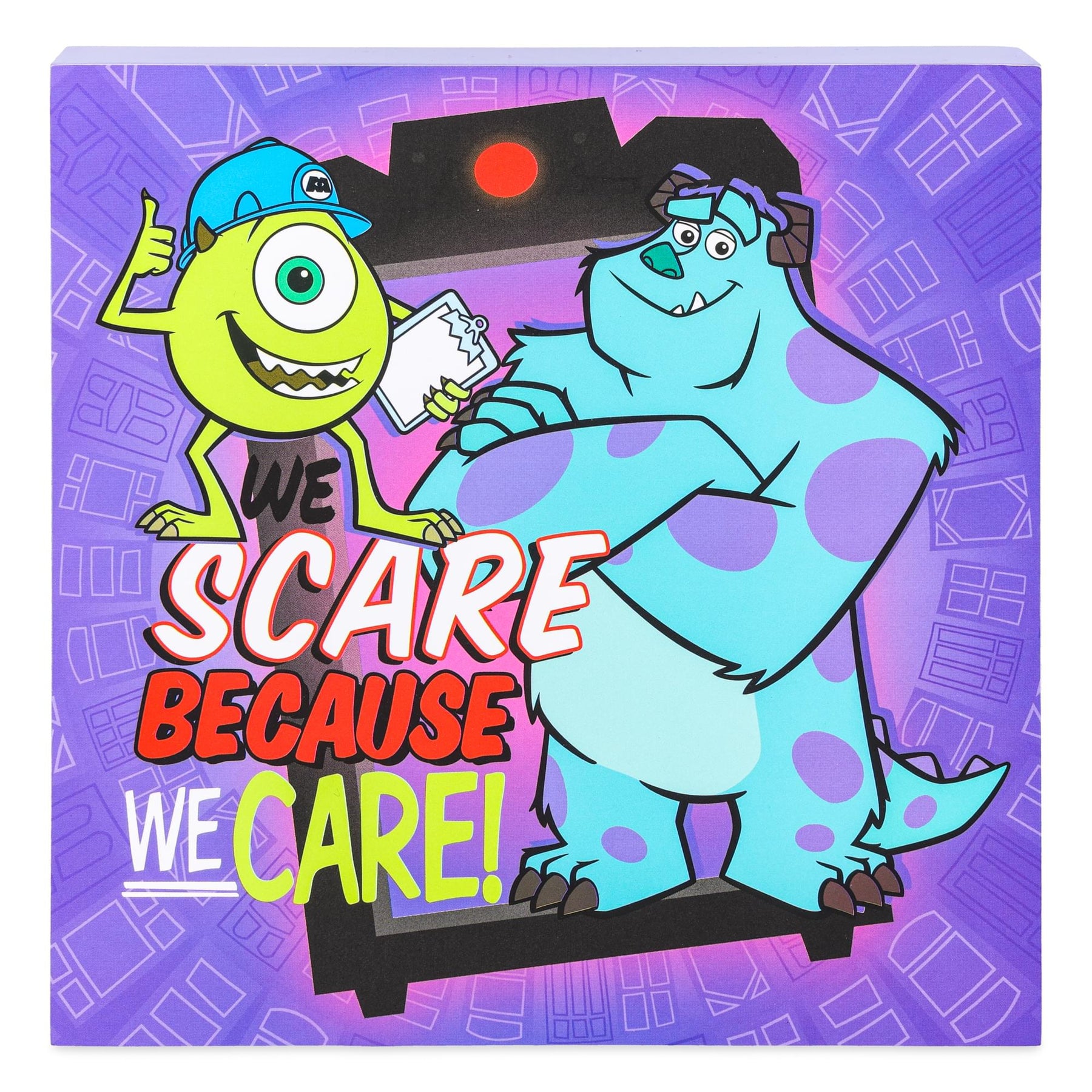 Disney Pixar Monsters, Inc. "We Scare Because We Care" Box Sign | 6 x 6 Inches