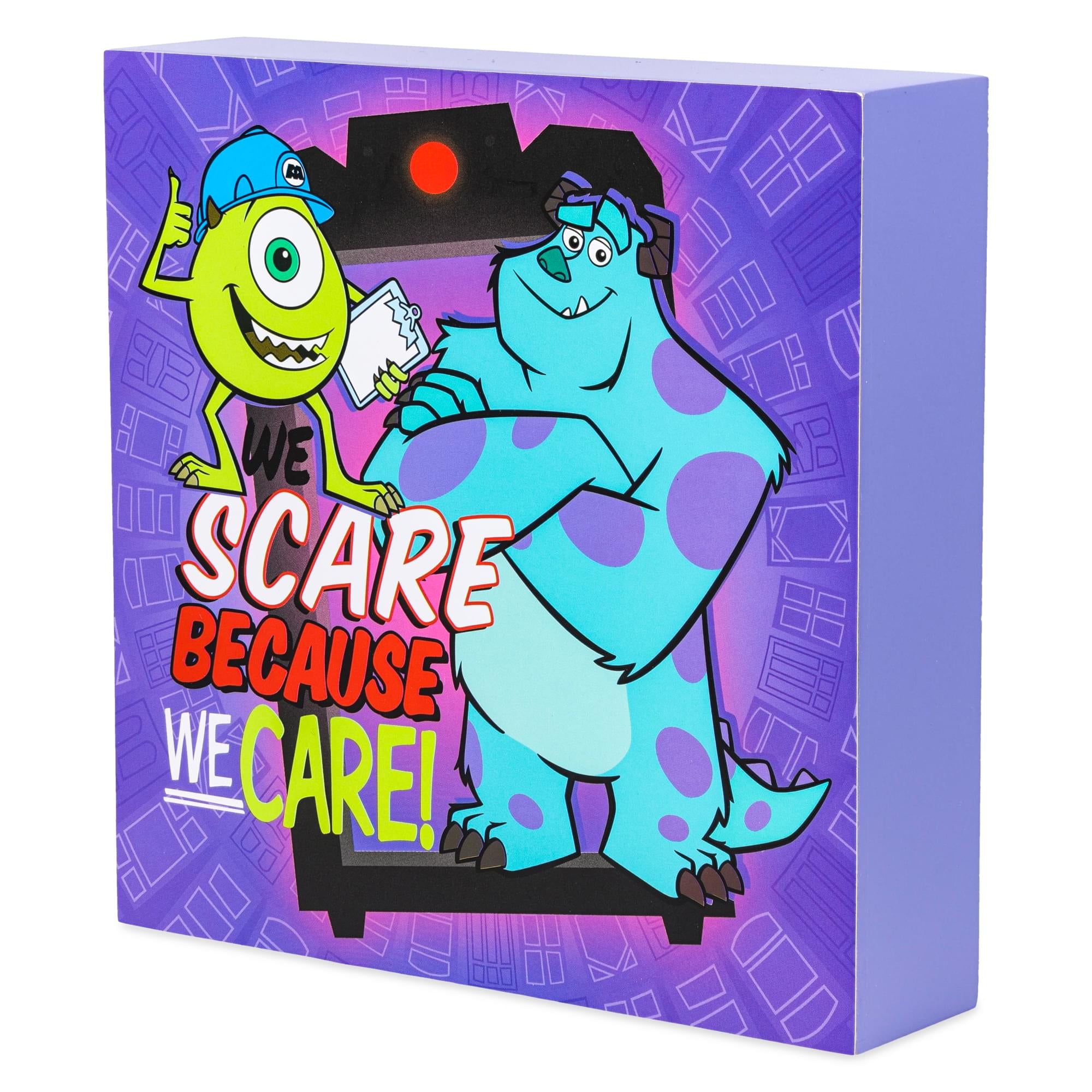 Disney Pixar Monsters, Inc. "We Scare Because We Care" Box Sign | 6 x 6 Inches