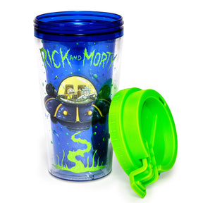 Rick and Morty Spaceship Googus Plastic Travel Mug With Lid | Holds 16 Ounces