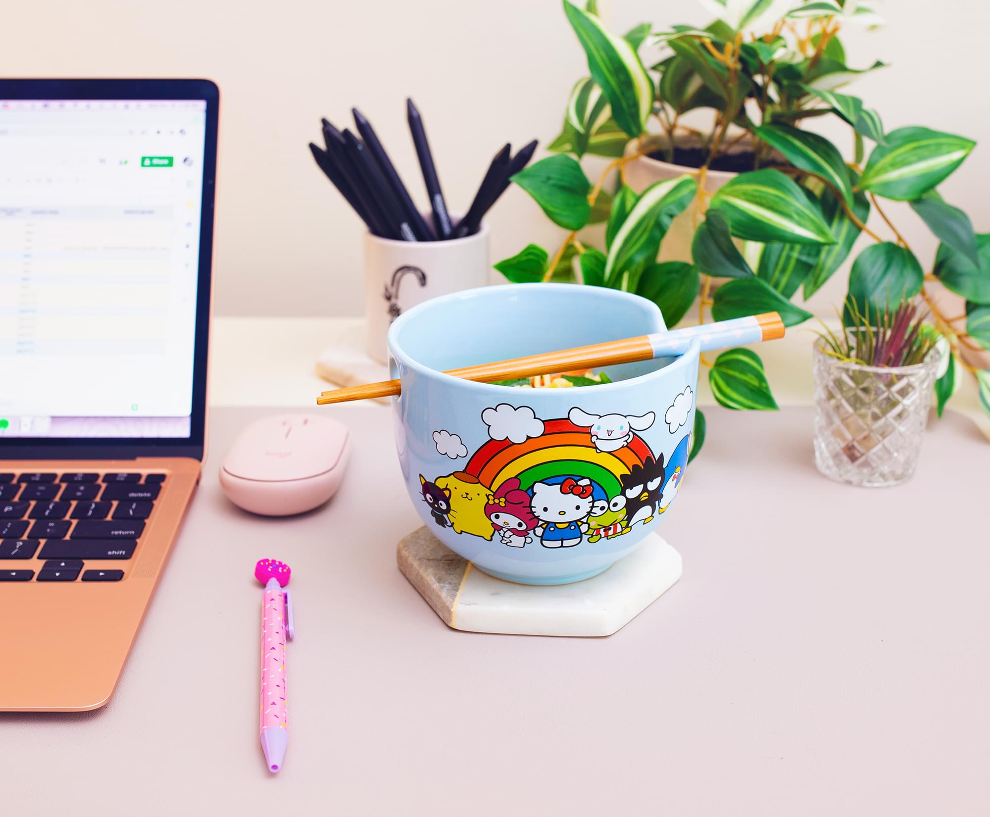 Sanrio Hello Kitty and Friends Rainbow Ceramic Ramen Bowl and Chopstick Set