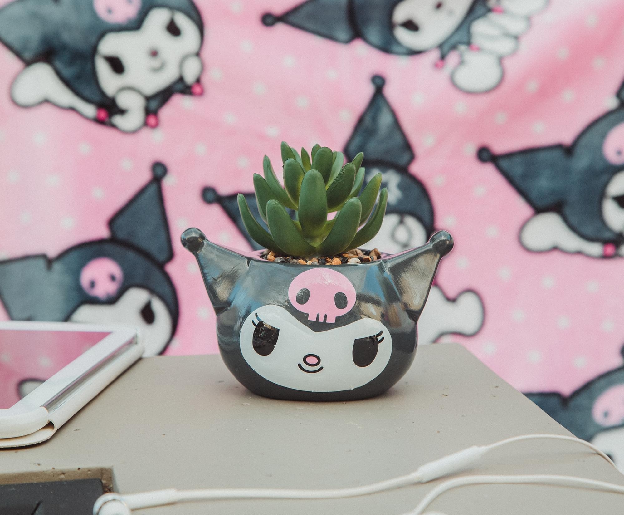 Sanrio Kuromi Smiling Head 3-Inch Ceramic Mini Planter With Artificial Succulent