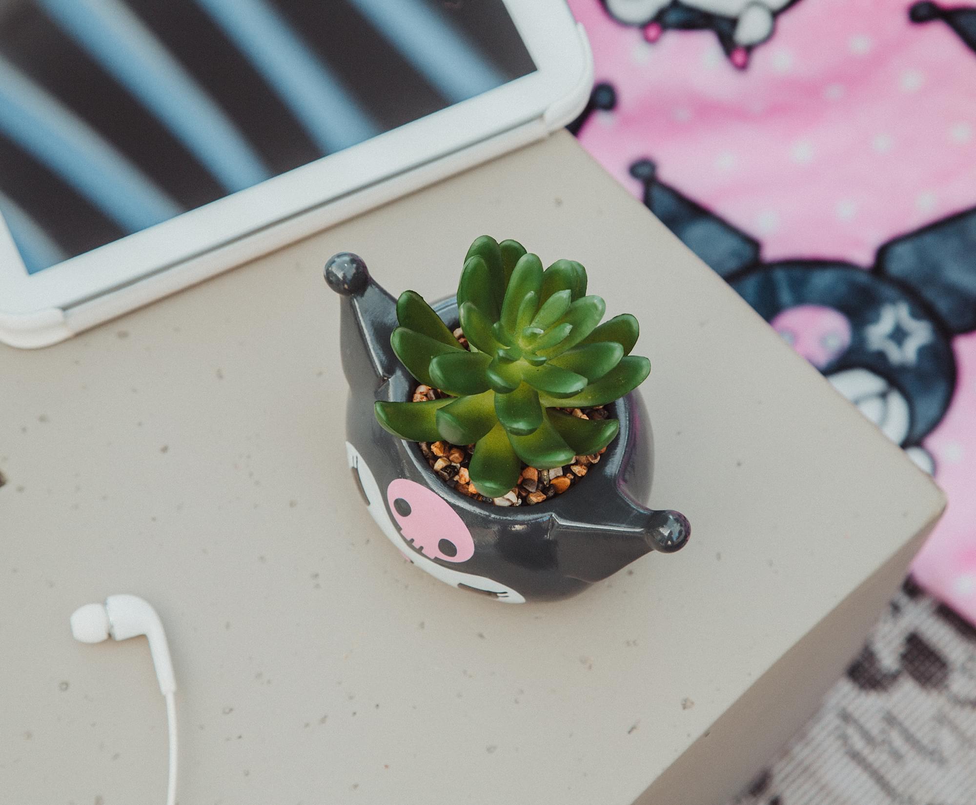 Sanrio Kuromi Smiling Head 3-Inch Ceramic Mini Planter With Artificial Succulent
