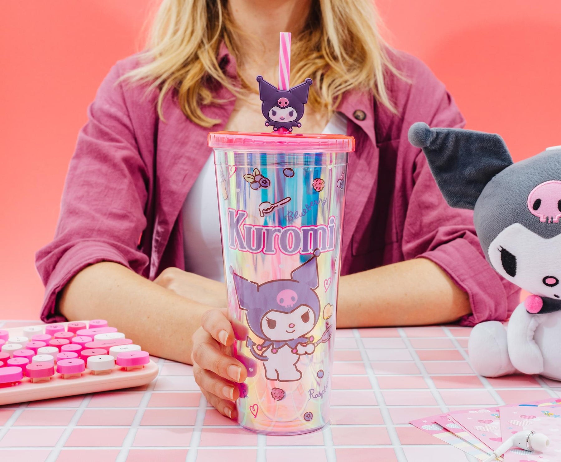 Sanrio Kuromi Iridescent 24-Ounce Carnival Cup With Lid and Straw Topper Charm