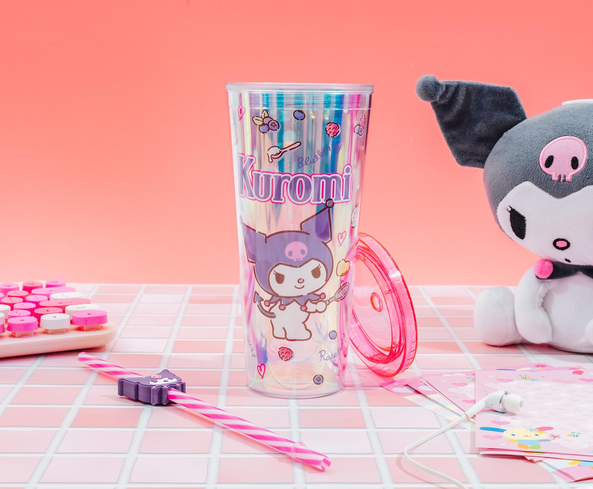 Sanrio Kuromi Iridescent 24-Ounce Carnival Cup With Lid and Straw Topper Charm