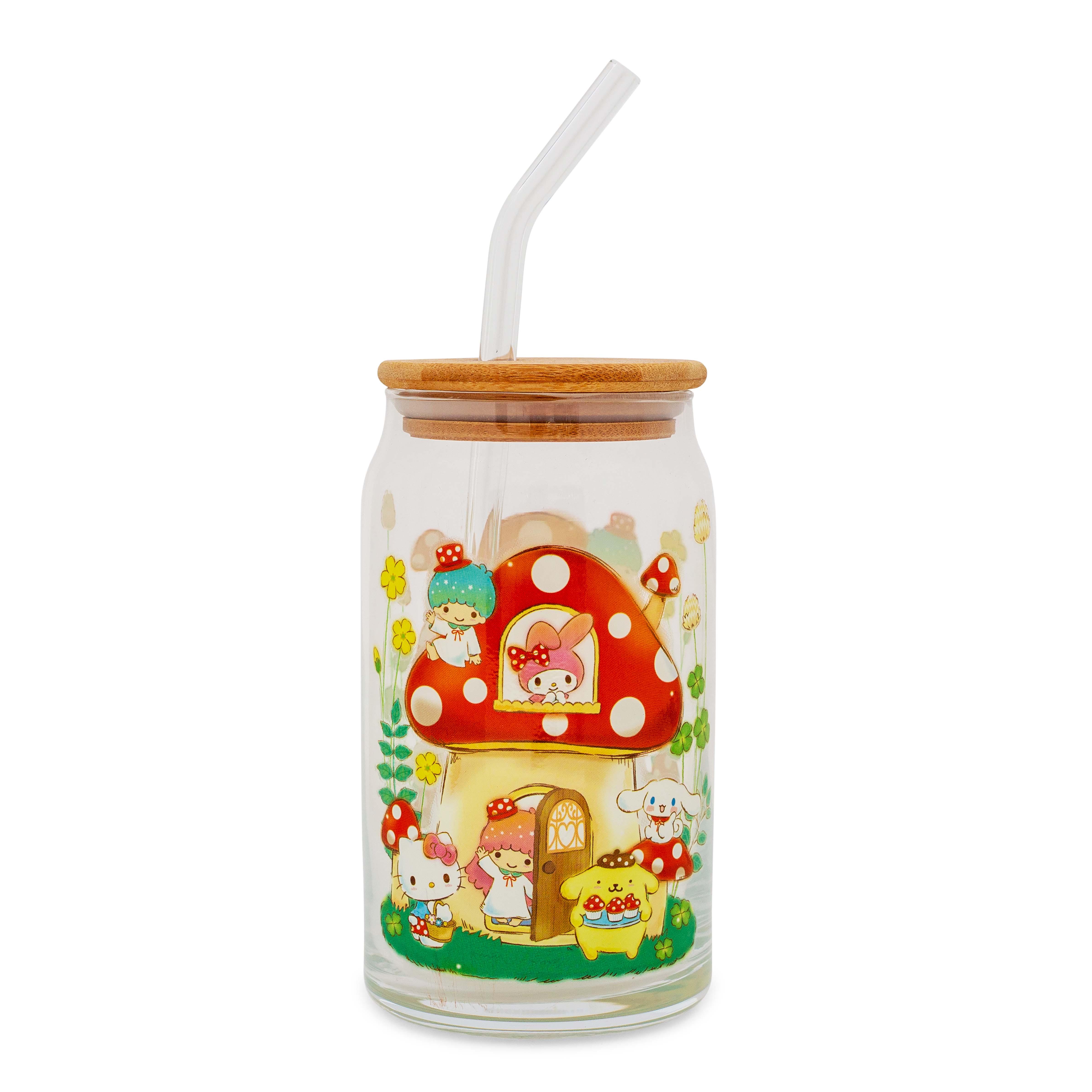 Sanrio Hello Kitty and Friends Mushroom Glass Tumbler With Bamboo Lid and Straw