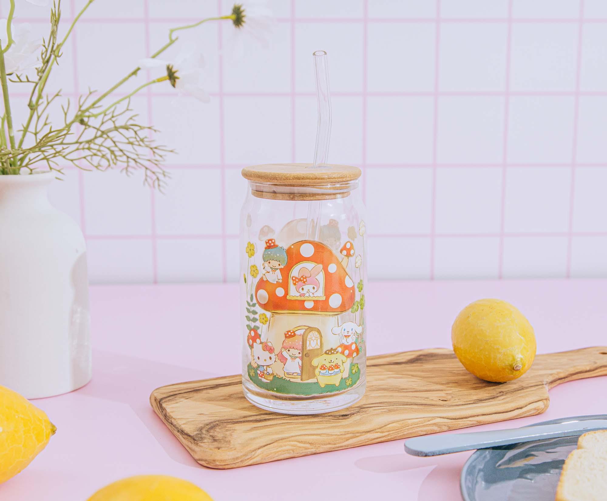 Sanrio Hello Kitty and Friends Mushroom Glass Tumbler With Bamboo Lid and Straw