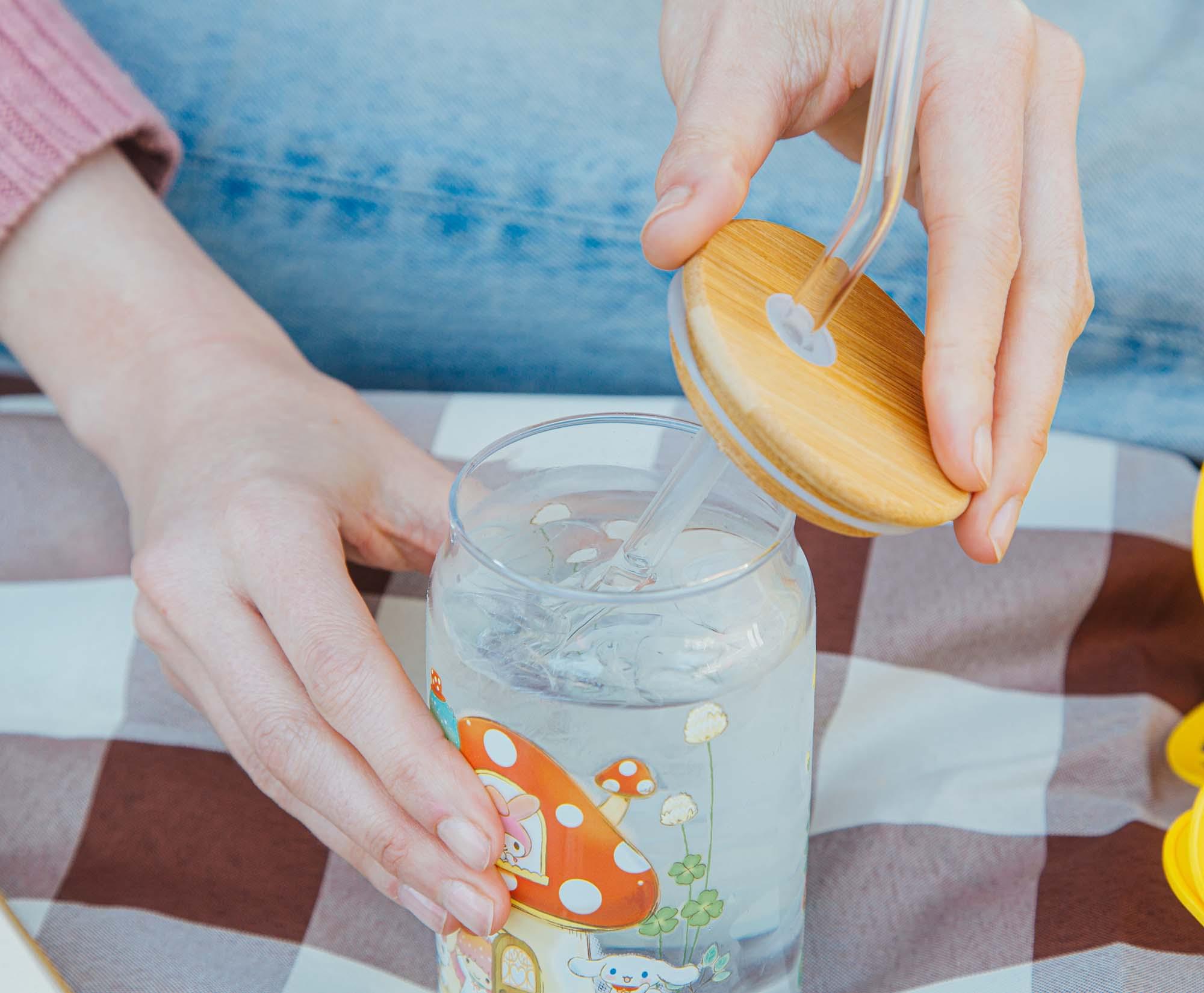 Sanrio Hello Kitty and Friends Mushroom Glass Tumbler With Bamboo Lid and Straw