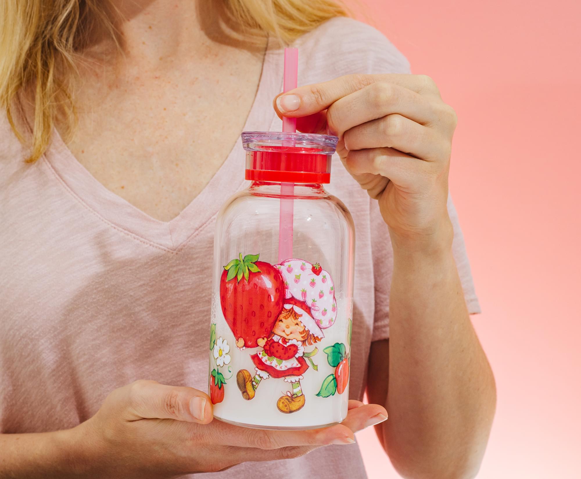 Strawberry Shortcake 15-Ounce Glass Milk Bottle With Straw