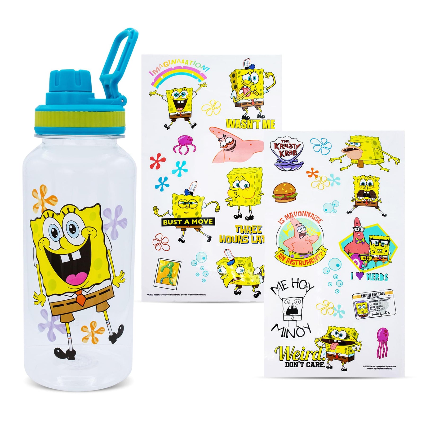 SpongeBob SquarePants Happy Laugh Flowers Twist Spout Water Bottle & Sticker Set