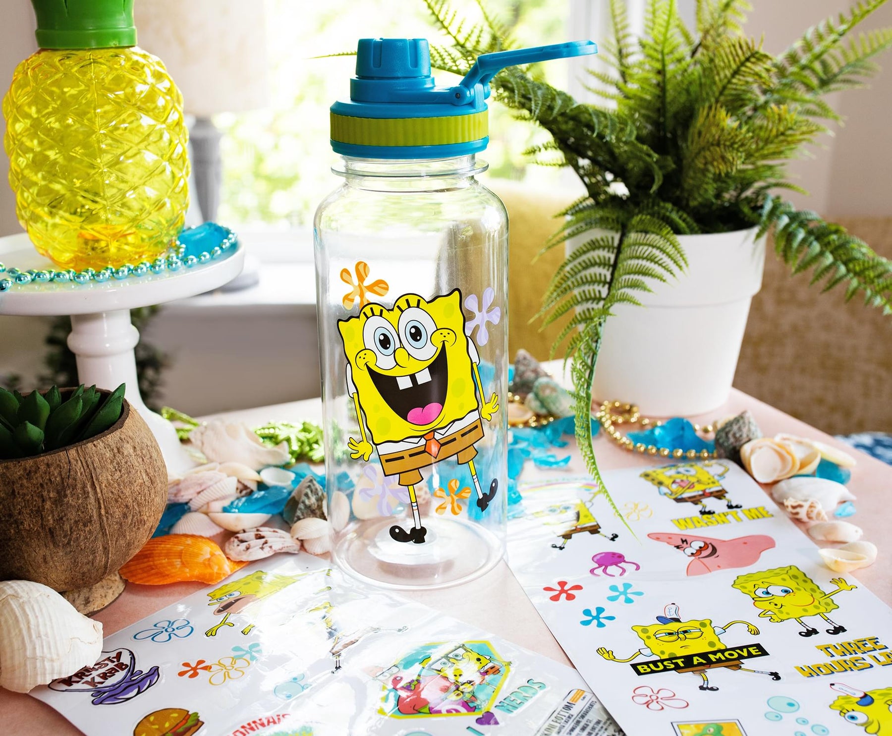 SpongeBob SquarePants Happy Laugh Flowers Twist Spout Water Bottle & Sticker Set