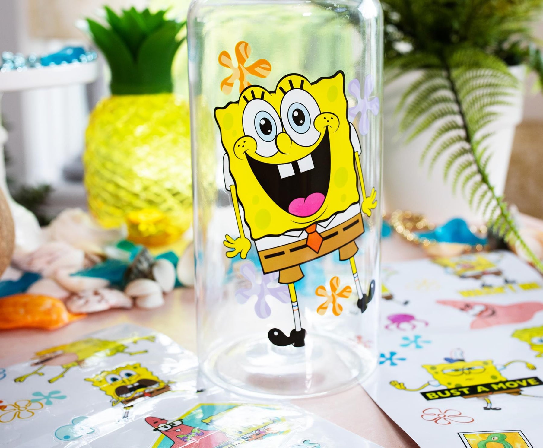 SpongeBob SquarePants Happy Laugh Flowers Twist Spout Water Bottle & Sticker Set