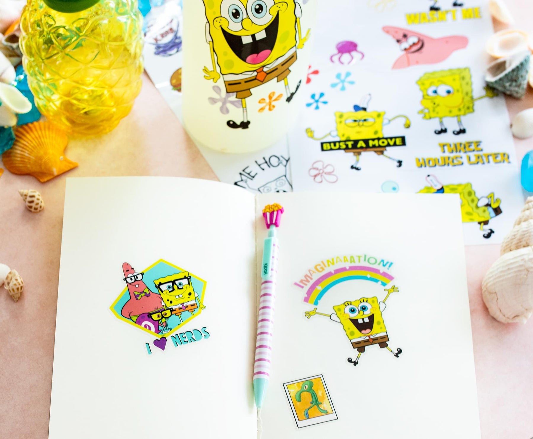 SpongeBob SquarePants Happy Laugh Flowers Twist Spout Water Bottle & Sticker Set