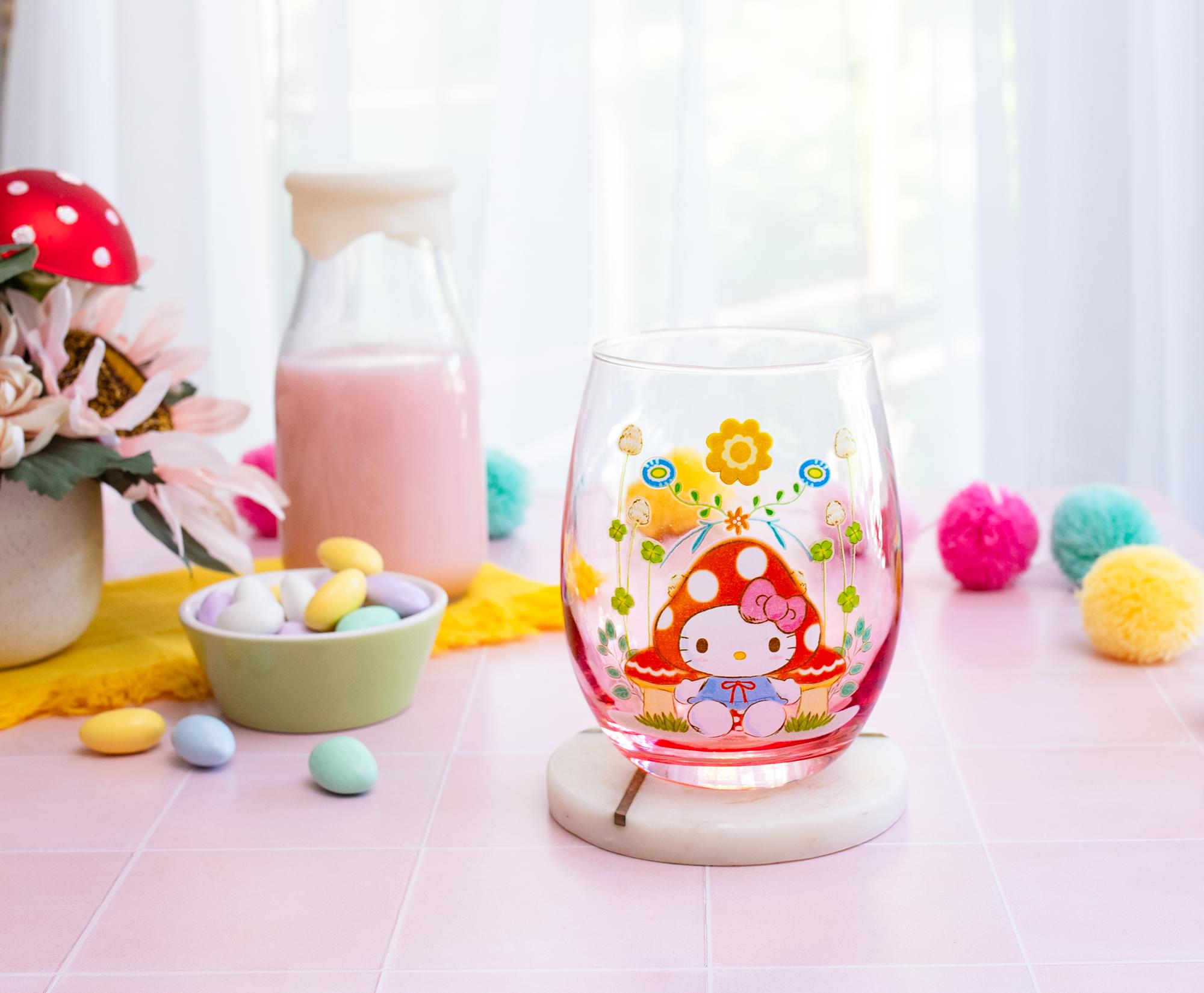 Sanrio Hello Kitty Mushroom Art Stemless Wine Glass | Holds 20 Ounces