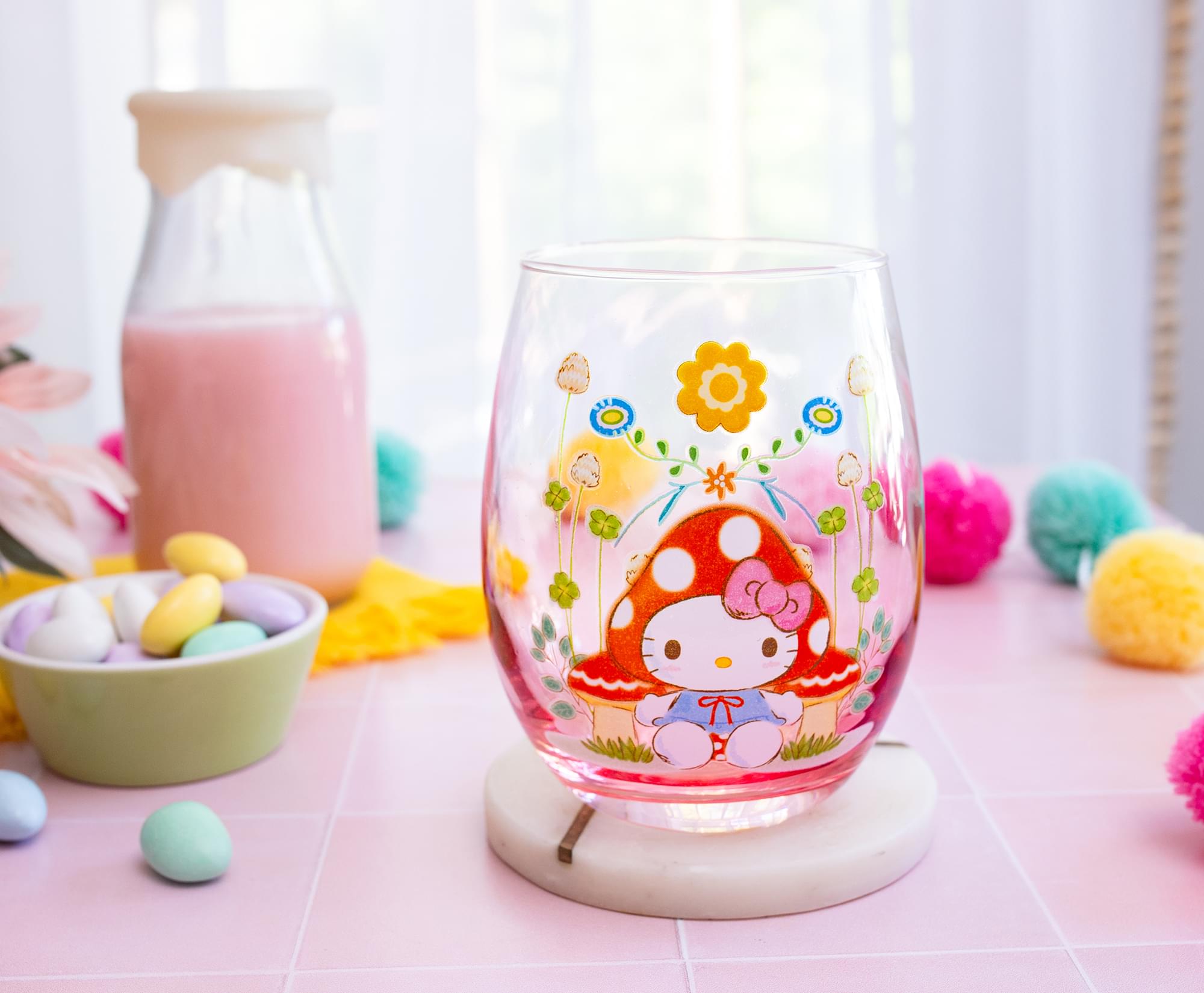 Sanrio Hello Kitty Mushroom Art Stemless Wine Glass | Holds 20 Ounces