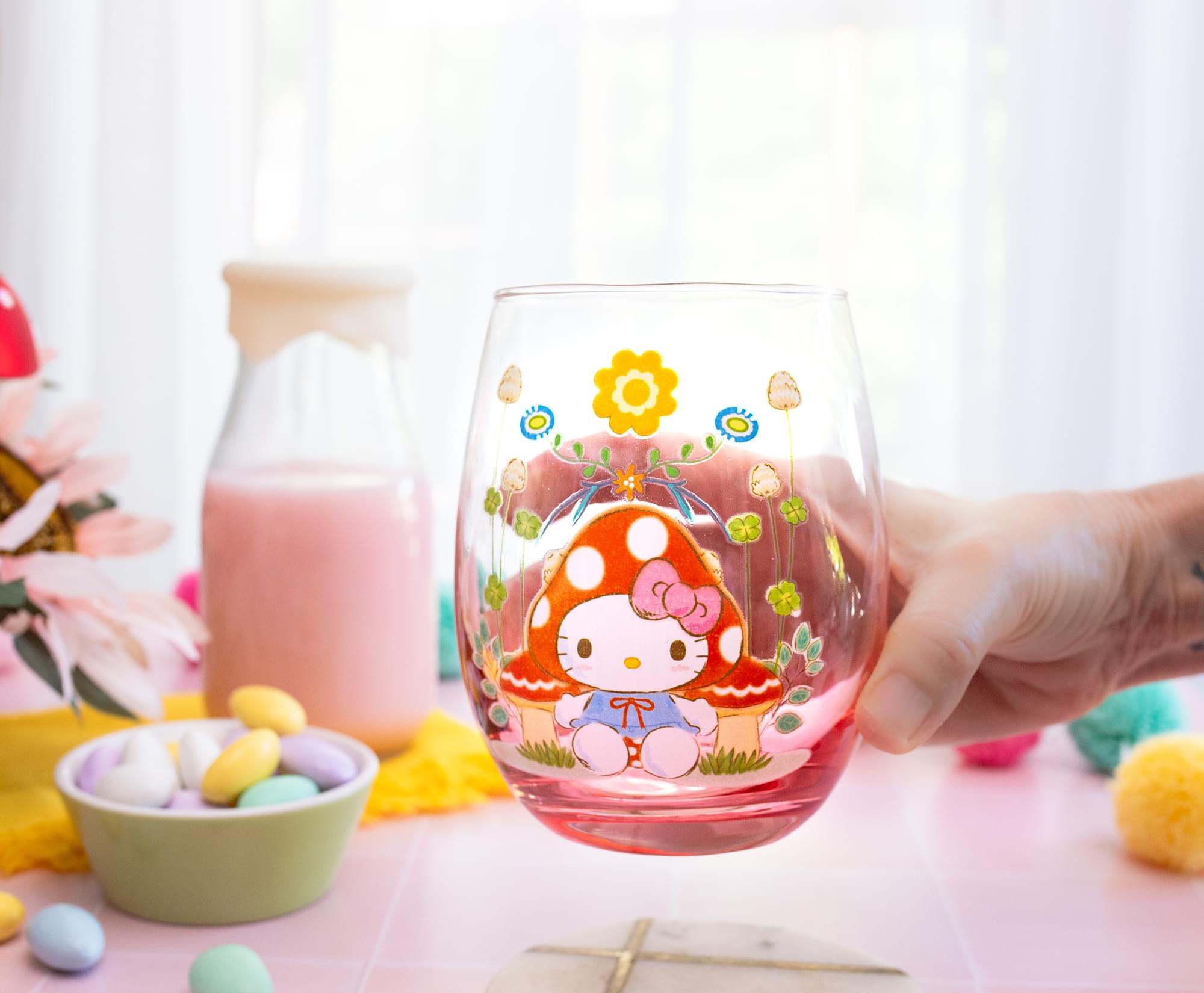 Sanrio Hello Kitty Mushroom Art Stemless Wine Glass | Holds 20 Ounces