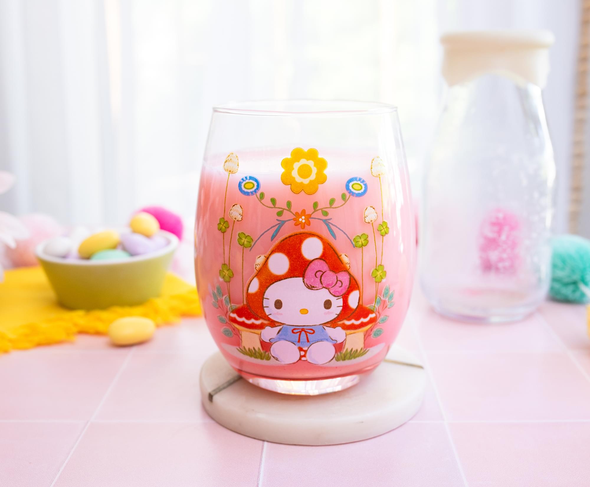 Sanrio Hello Kitty Mushroom Art Stemless Wine Glass | Holds 20 Ounces