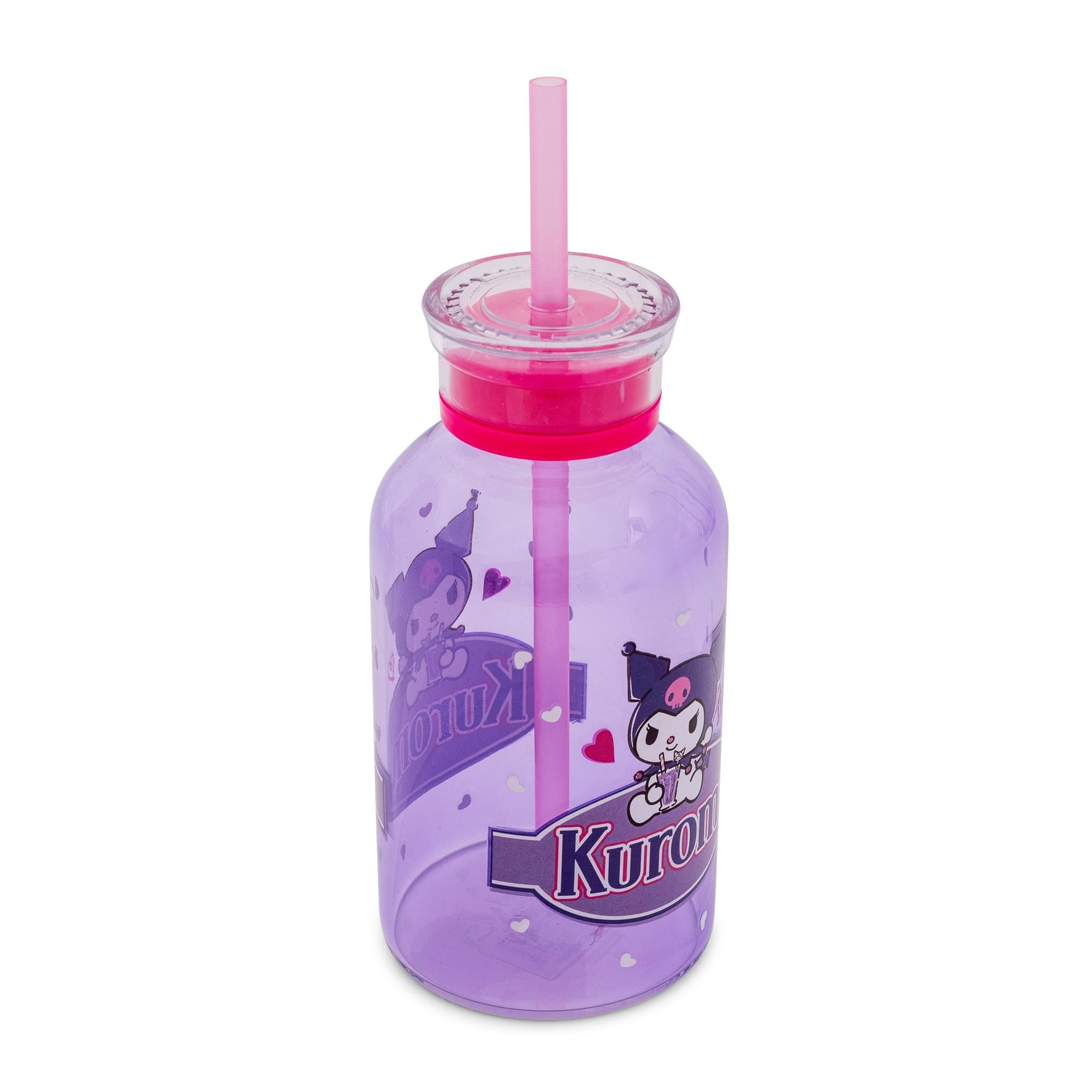 Sanrio Kuromi Hearts Glass Milk Bottle With Straw | Holds 15 Ounces