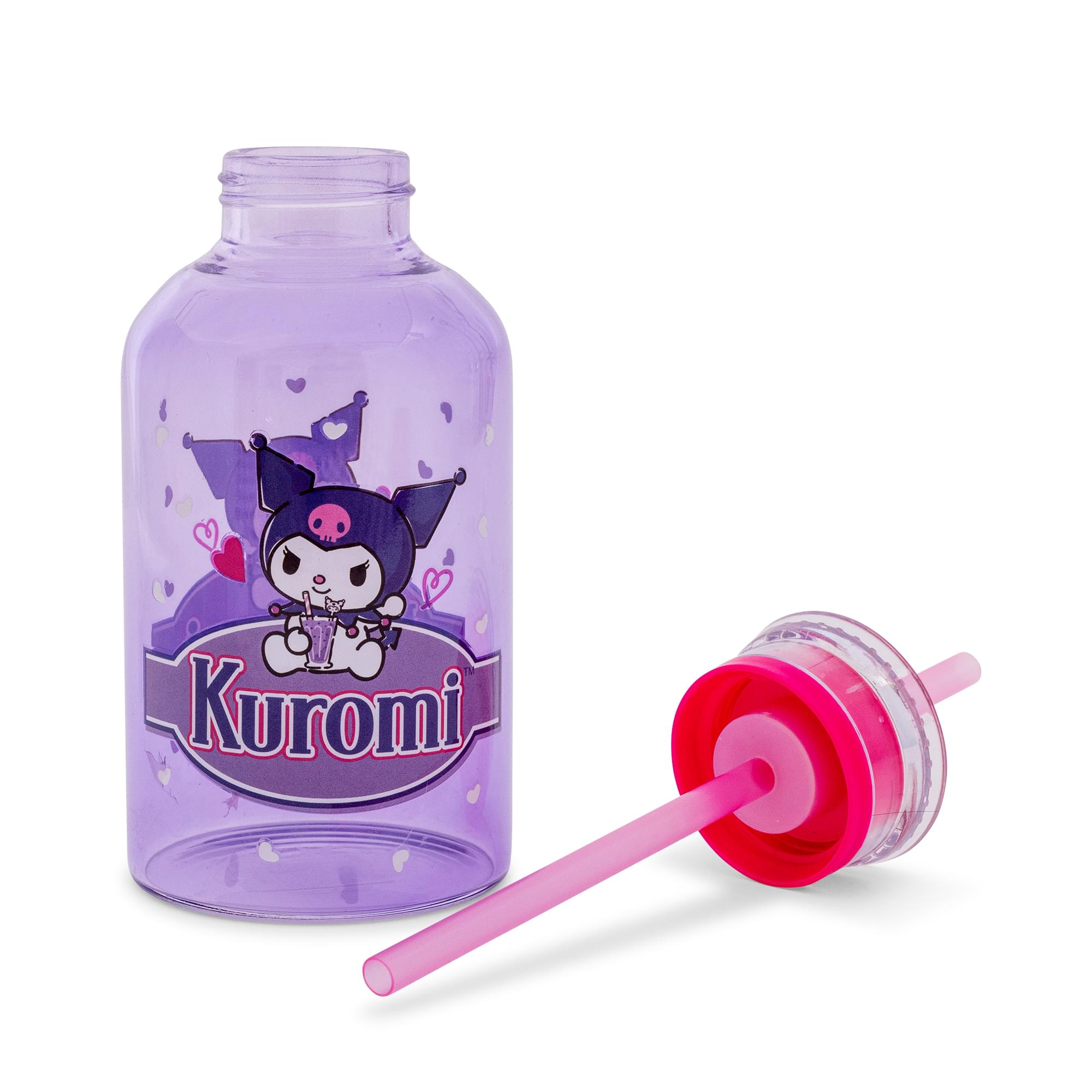 Sanrio Kuromi Hearts Glass Milk Bottle With Straw | Holds 15 Ounces