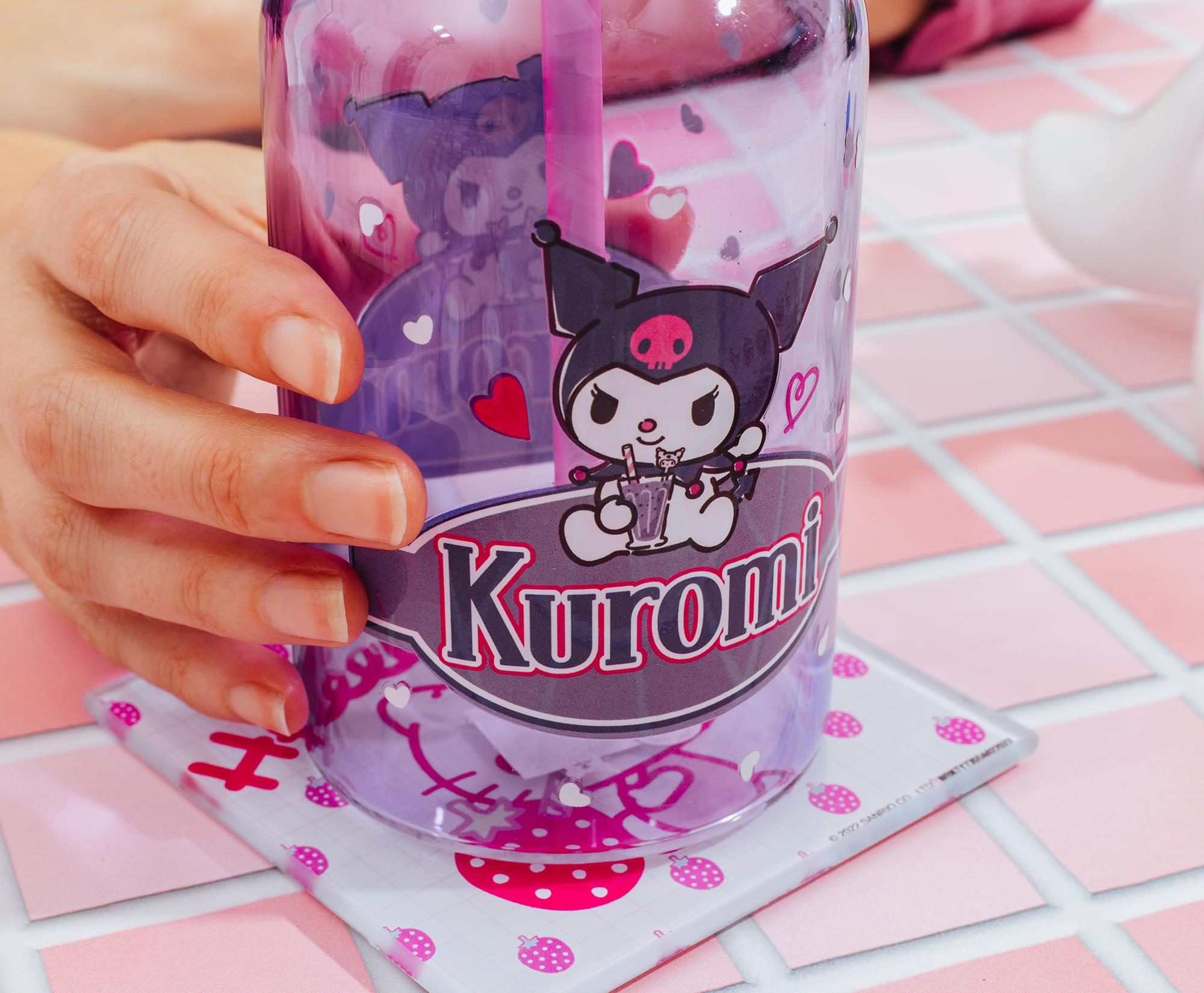 Sanrio Kuromi Hearts Glass Milk Bottle With Straw | Holds 15 Ounces