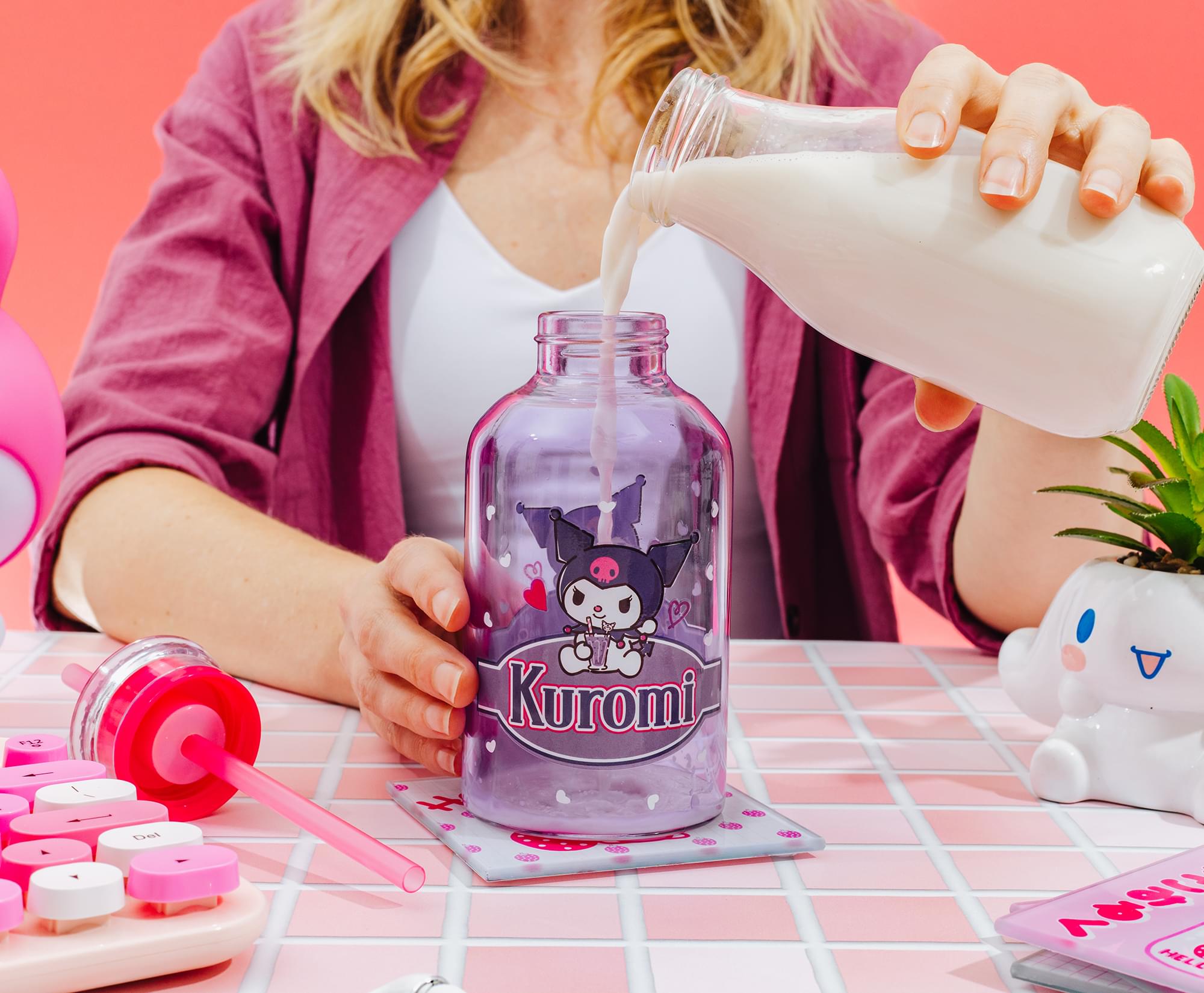 Sanrio Kuromi Hearts Glass Milk Bottle With Straw | Holds 15 Ounces
