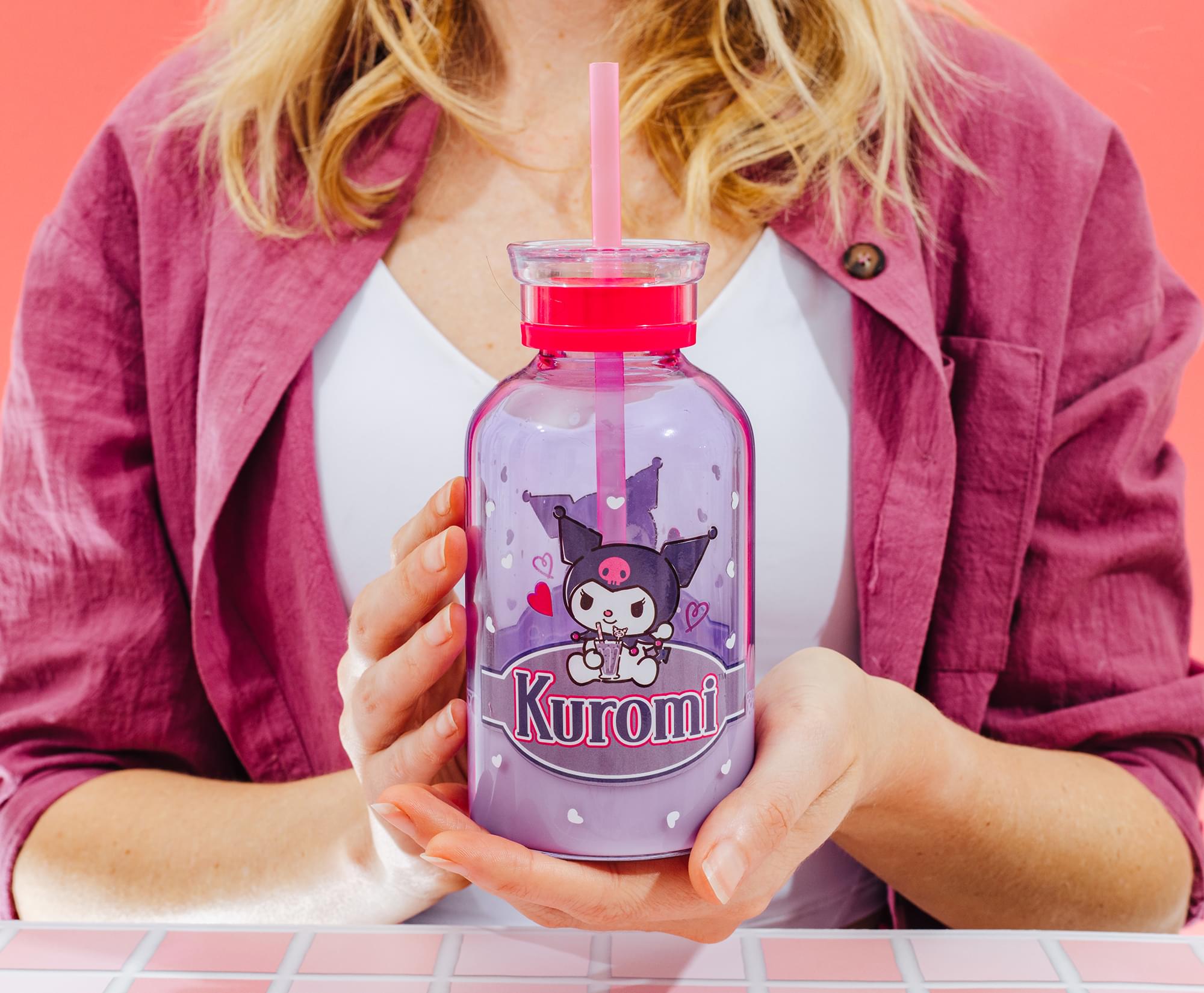 Sanrio Kuromi Hearts Glass Milk Bottle With Straw | Holds 15 Ounces