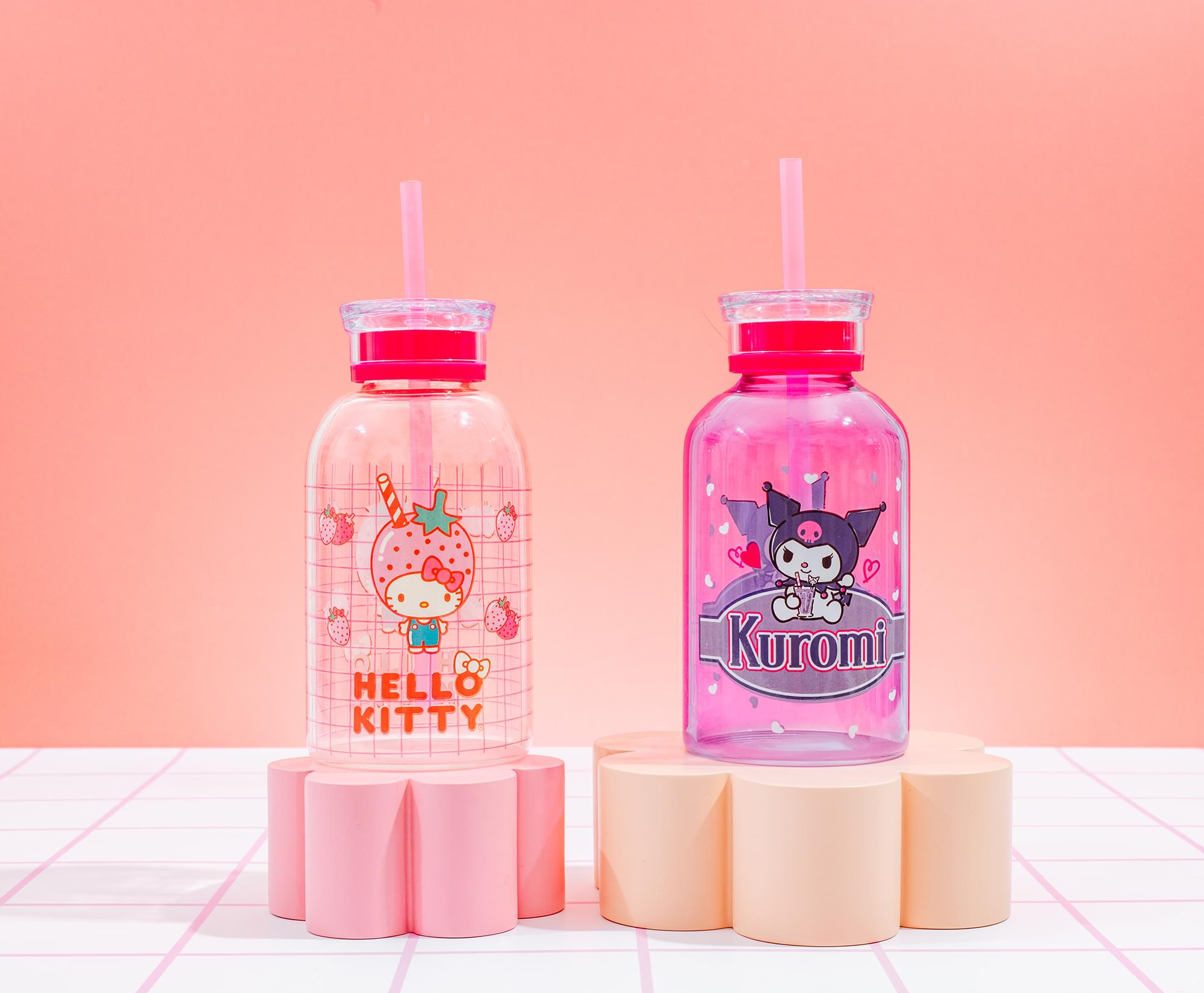 Sanrio Kuromi Hearts Glass Milk Bottle With Straw | Holds 15 Ounces