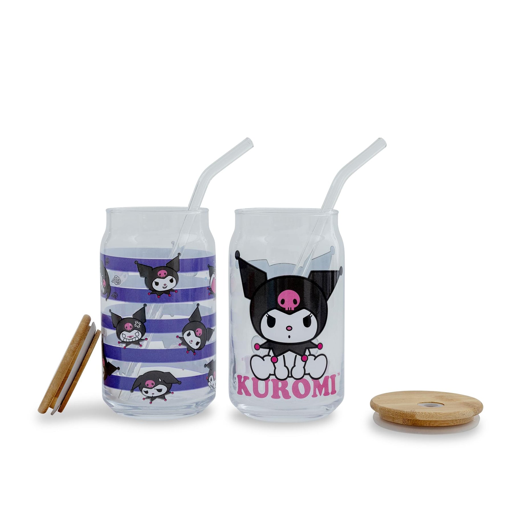 Sanrio Kuromi 16-Ounce Glass Tumblers With Bamboo Lid and Straw | Set Of 2