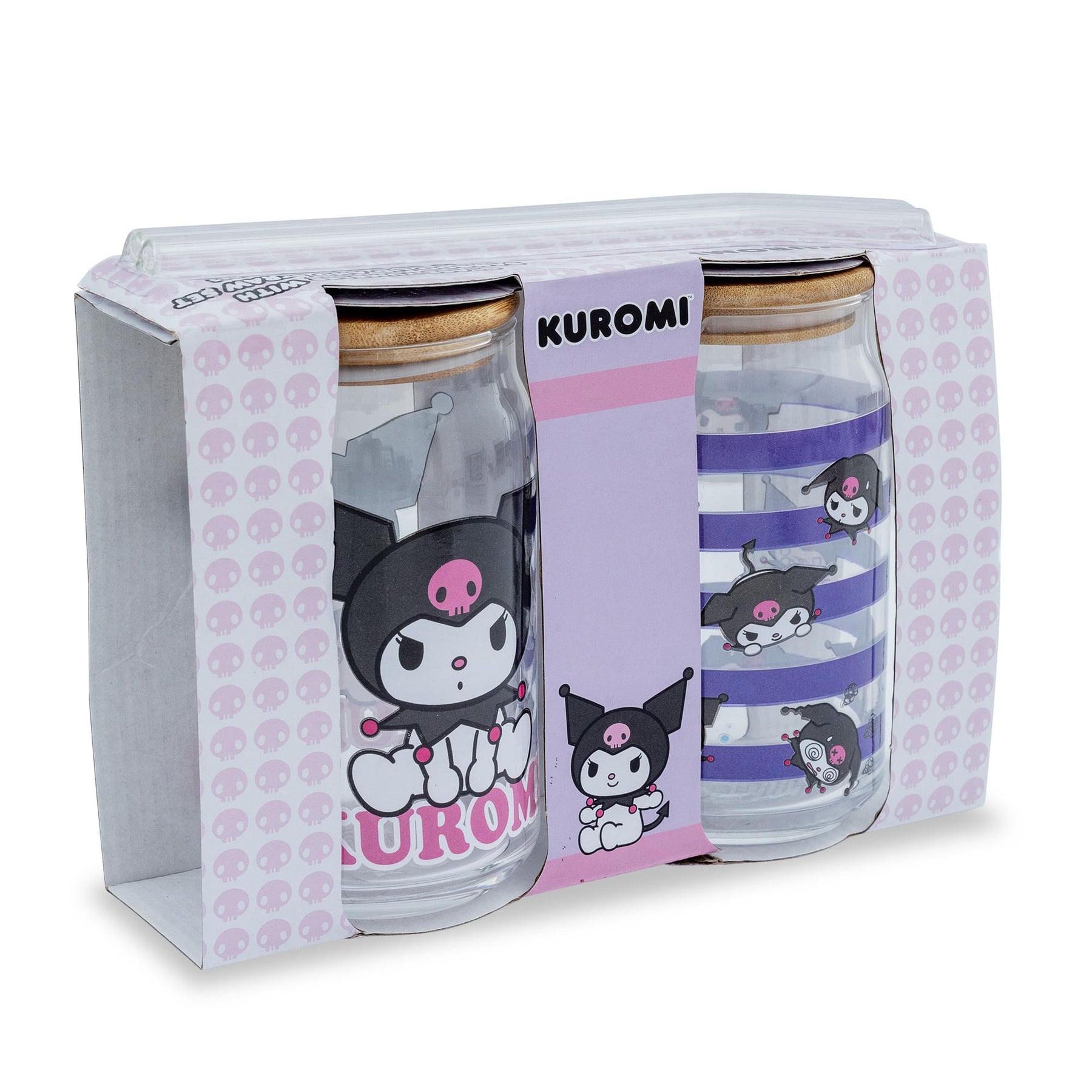 Sanrio Kuromi 16-Ounce Glass Tumblers With Bamboo Lid and Straw | Set Of 2