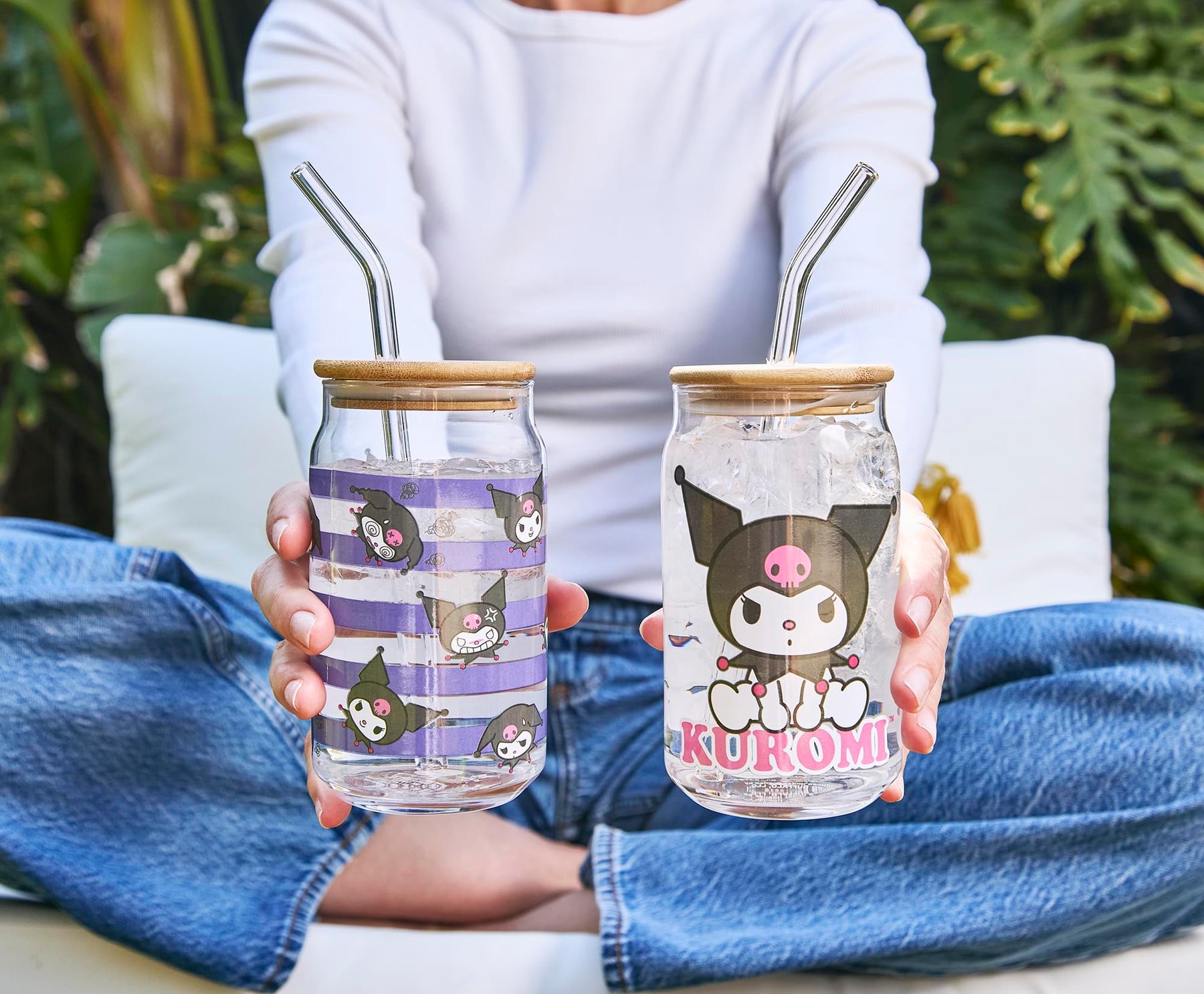 Sanrio Kuromi 16-Ounce Glass Tumblers With Bamboo Lid and Straw | Set Of 2