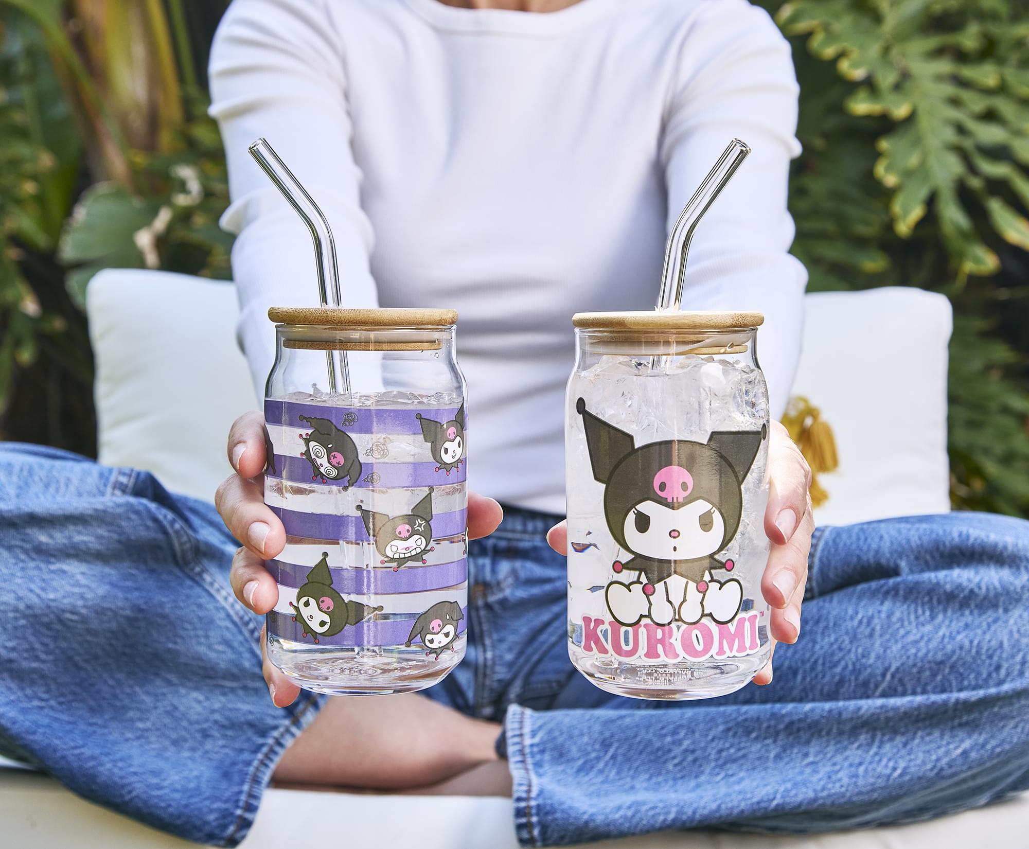 Sanrio Kuromi 16-Ounce Glass Tumblers With Bamboo Lid and Straw | Set Of 2