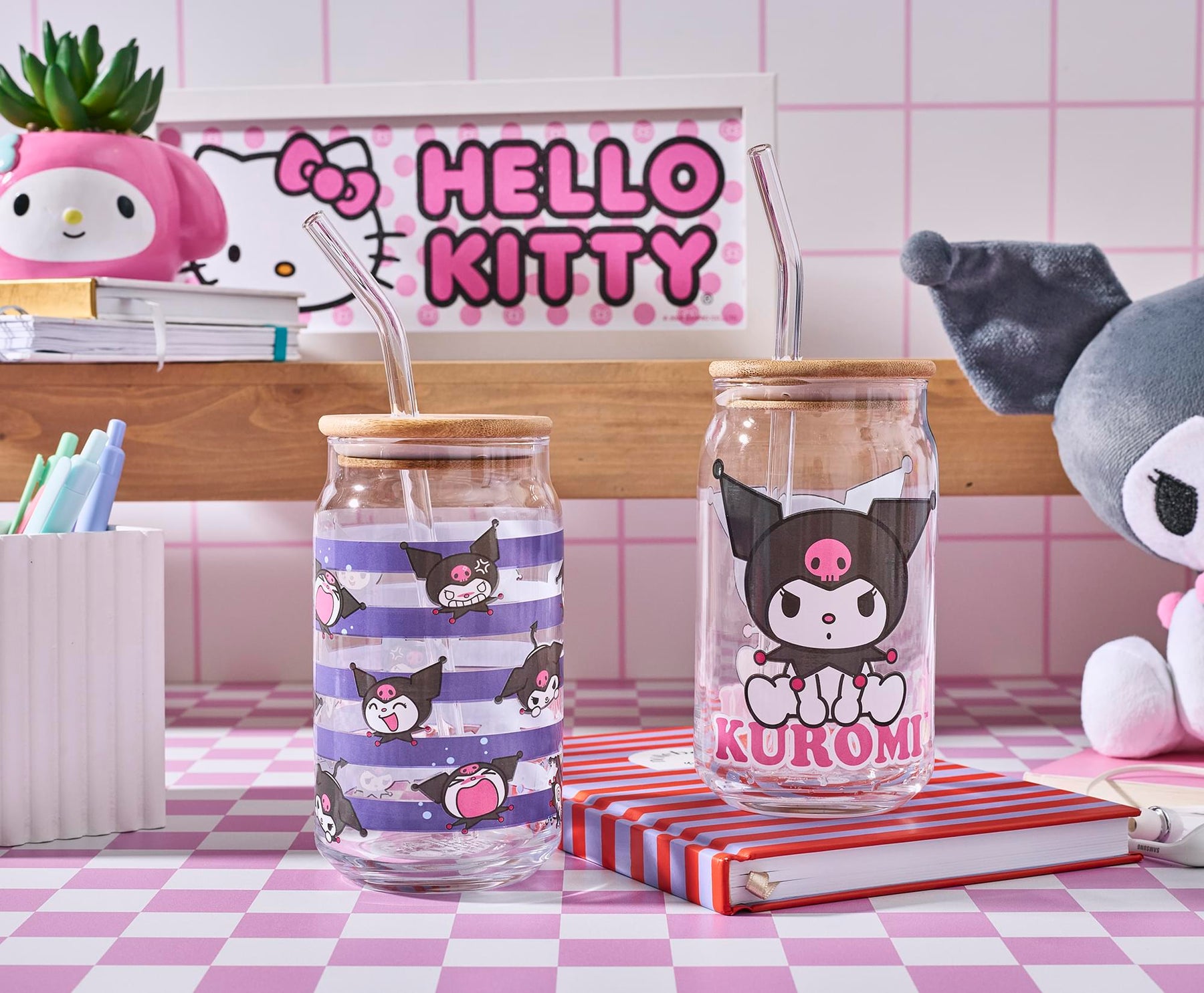 Sanrio Kuromi 16-Ounce Glass Tumblers With Bamboo Lid and Straw | Set Of 2