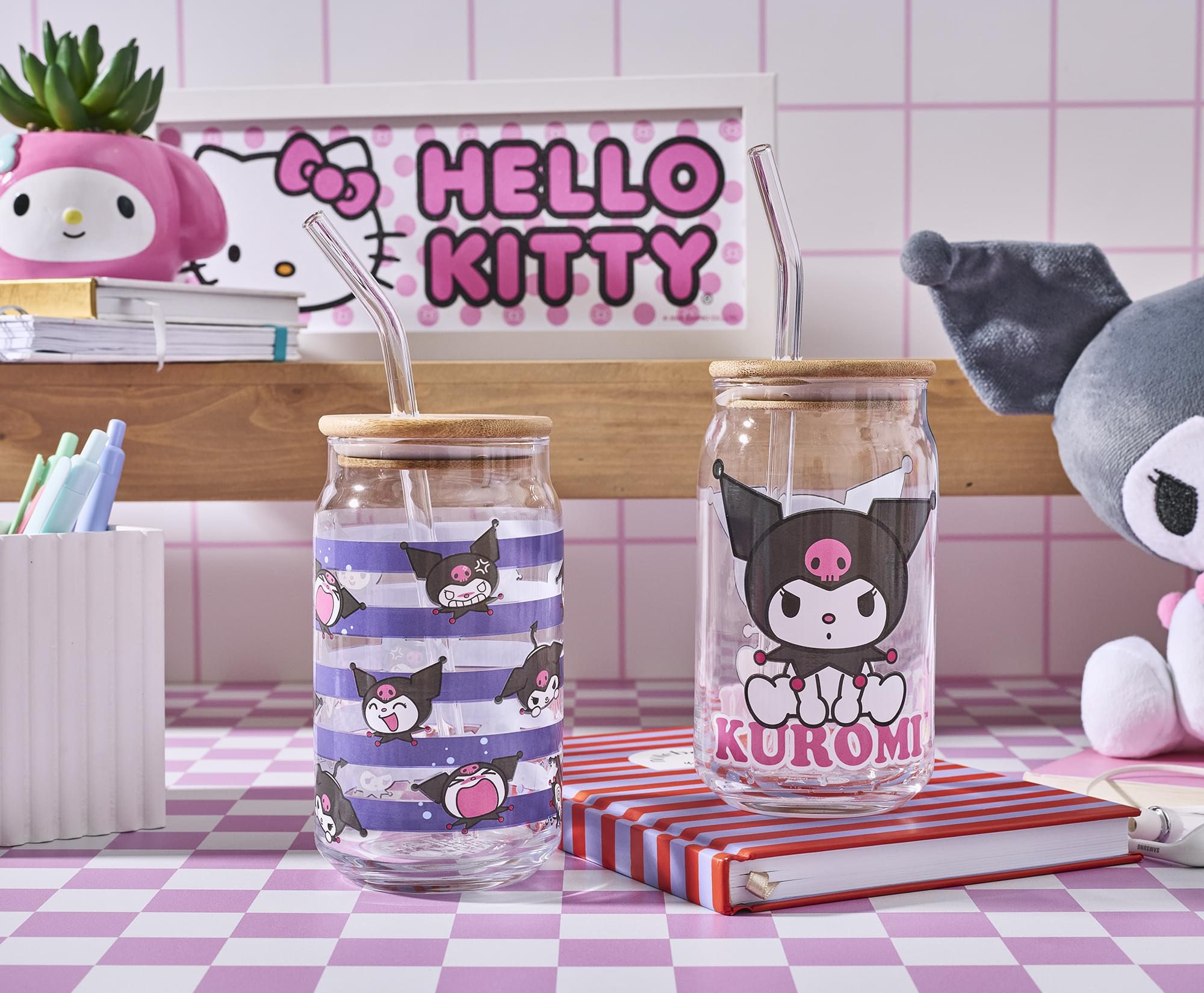 Sanrio Kuromi 16-Ounce Glass Tumblers With Bamboo Lid and Straw | Set Of 2