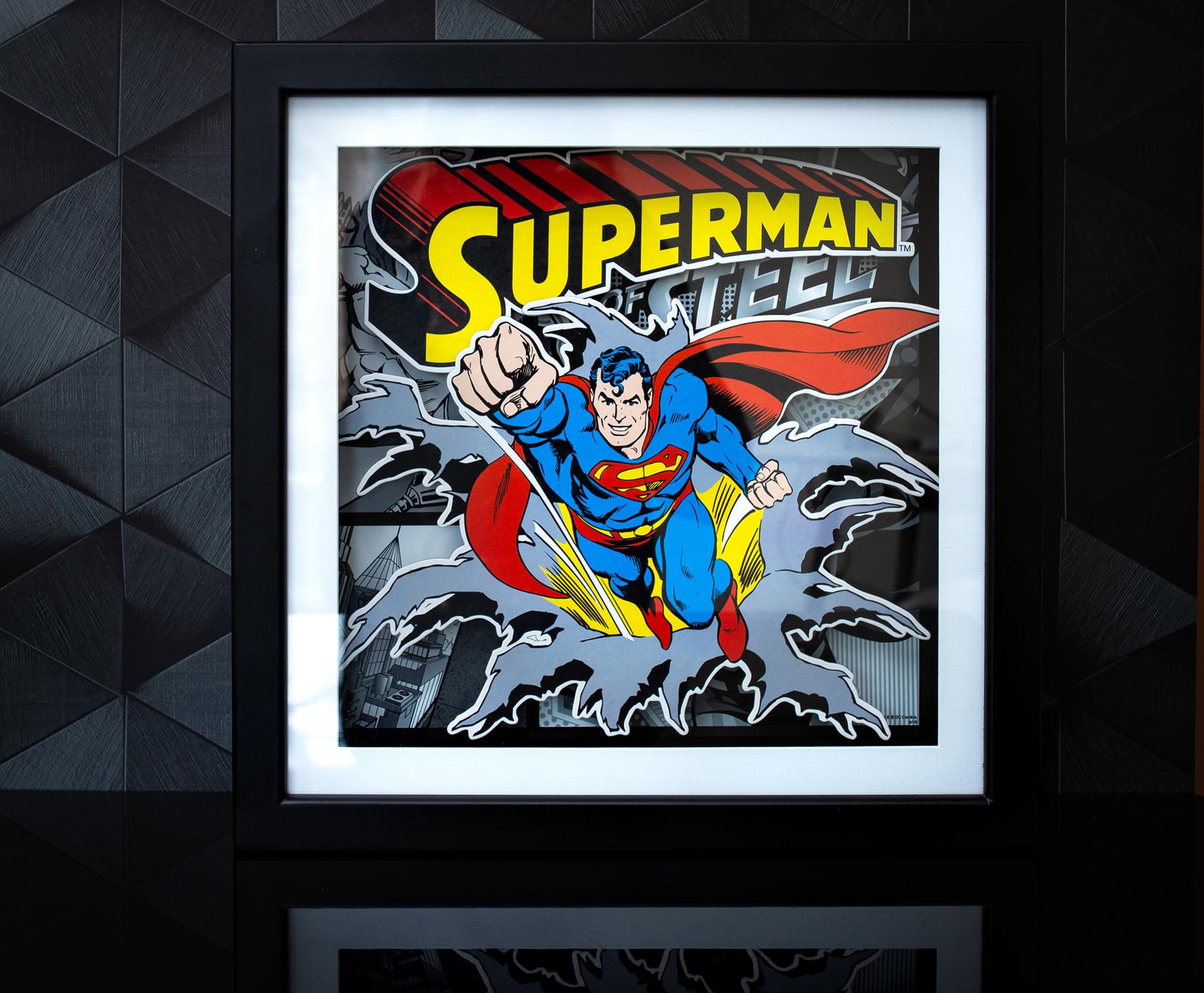 DC Comics Superman "Man of Steel" Wood Frame 3D Shadow Box Wall Art | 15 x 15 Inches