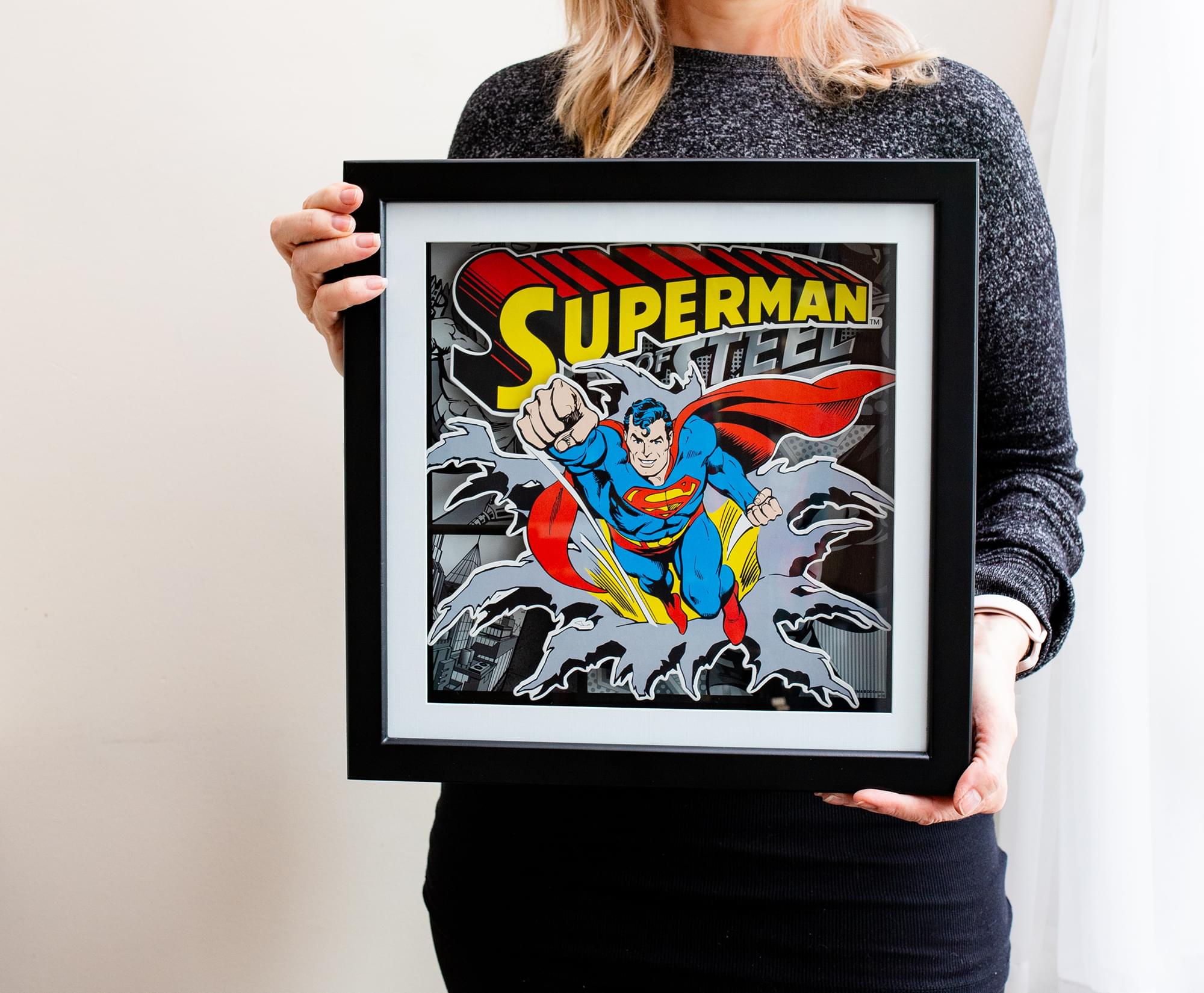 DC Comics Superman "Man of Steel" Wood Frame 3D Shadow Box Wall Art | 15 x 15 Inches