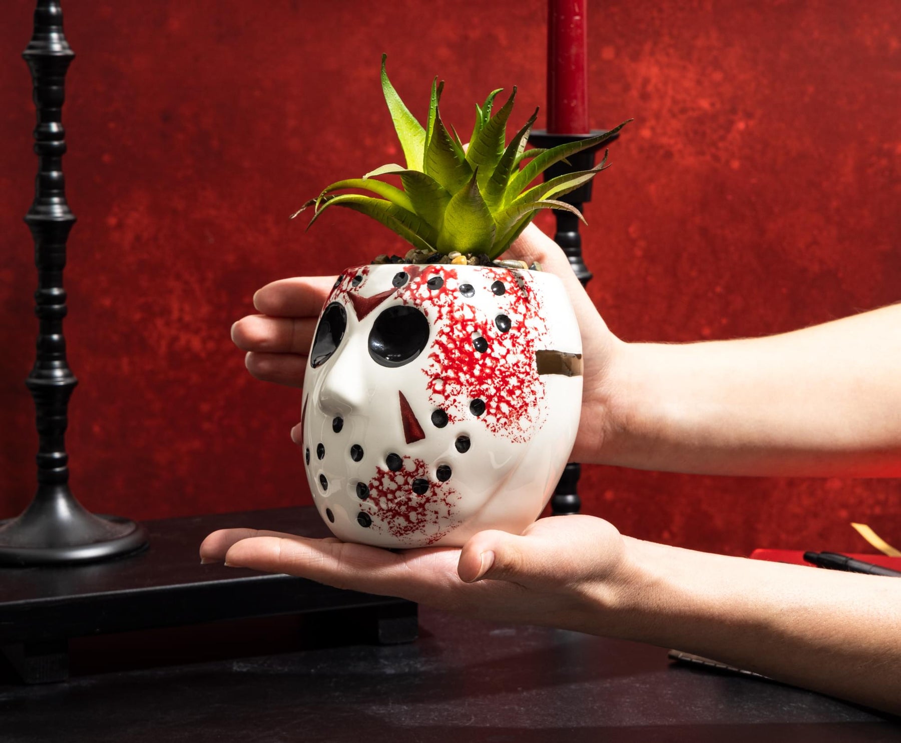 Friday the 13th Jason Voorhees Mask Large Planter with Artificial Succulent