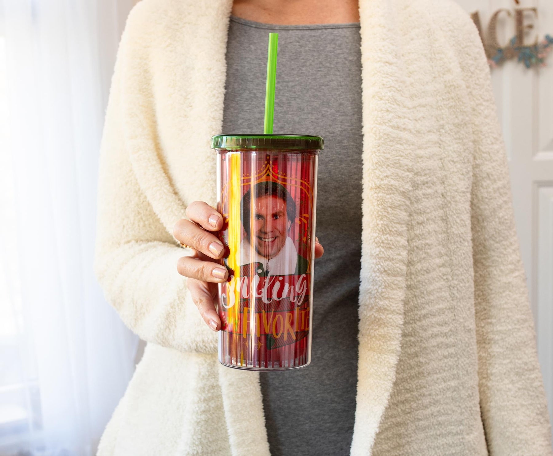 Elf "Smiling's My Favorite" Carnival Cup With Lid and Straw | Holds 20 Ounces