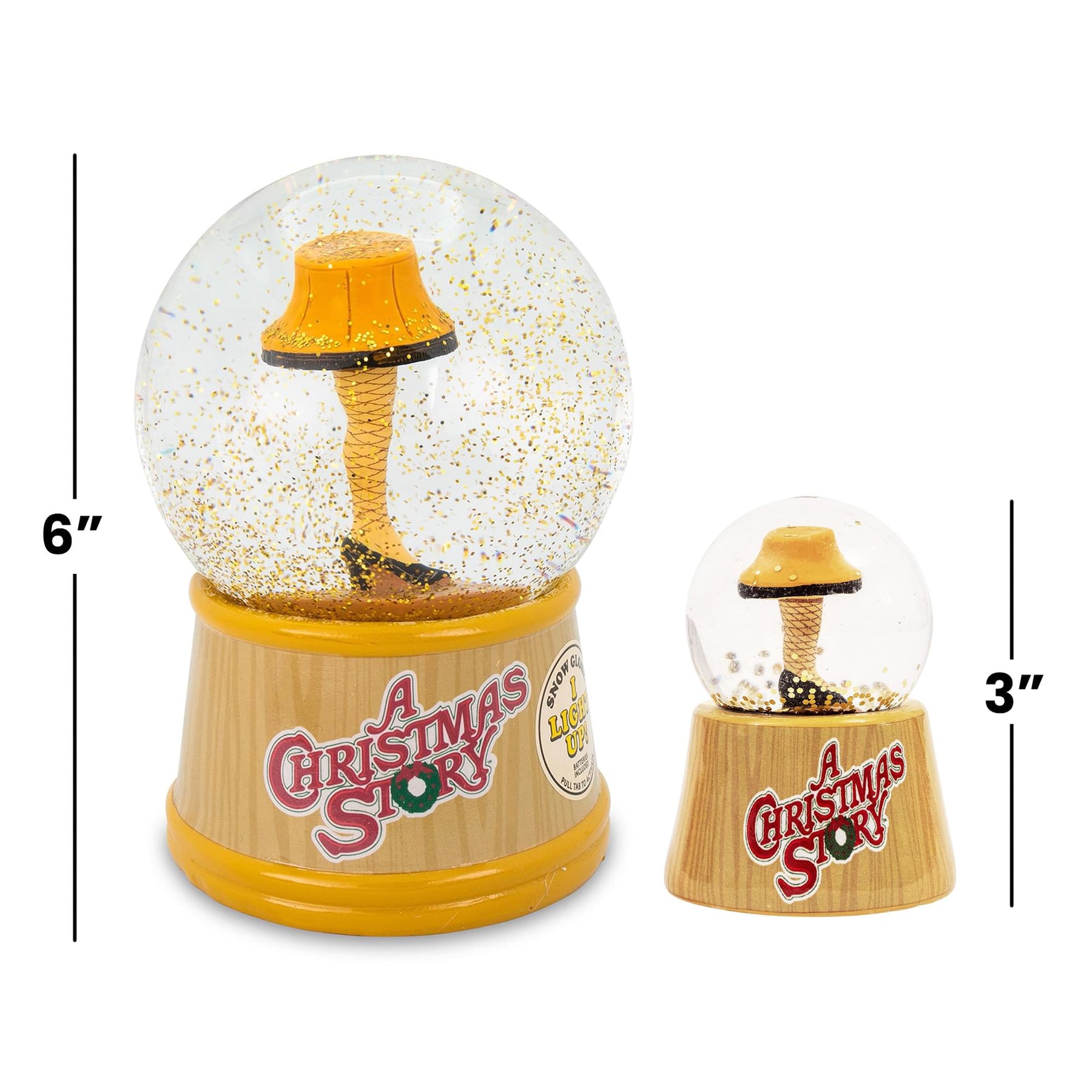 A Christmas Story Leg Lamp 3-Inch Mini and 6-Inch Large Light-Up Snow Globe Set
