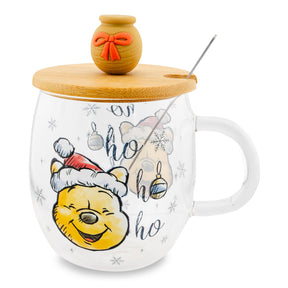 Disney Winnie the Pooh Holiday 17-Ounce Glass Coffee Mug With Lid and Spoon