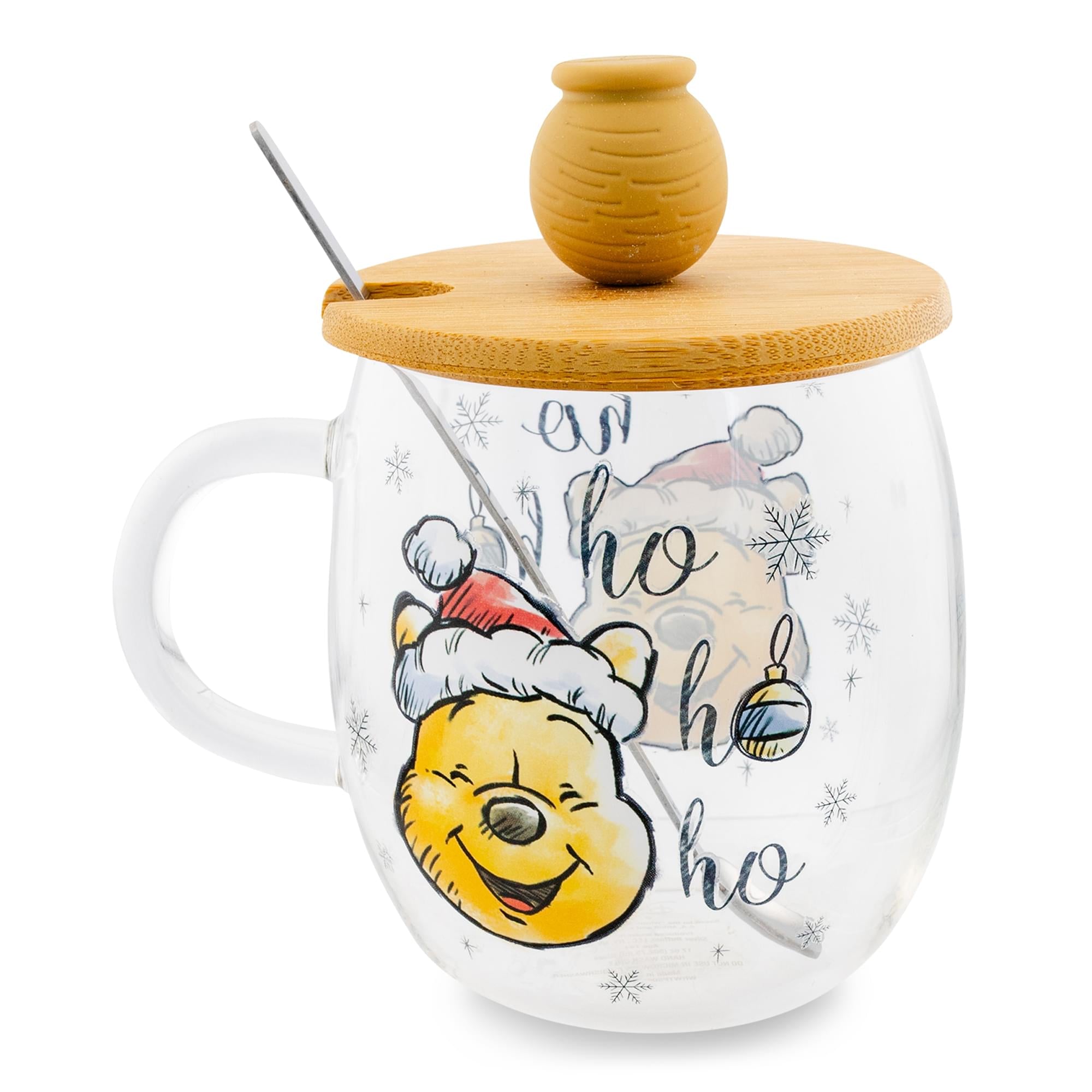 Disney Winnie the Pooh Holiday 17-Ounce Glass Coffee Mug With Lid and Spoon