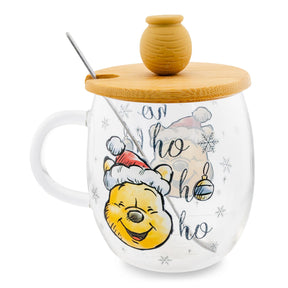 Disney Winnie the Pooh Holiday 17-Ounce Glass Coffee Mug With Lid and Spoon