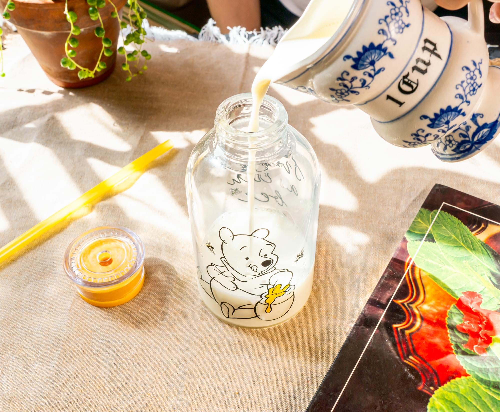Disney Winnie The Pooh "Sweet As Can Bee" Glass Milk Bottle | Holds 15 Ounces