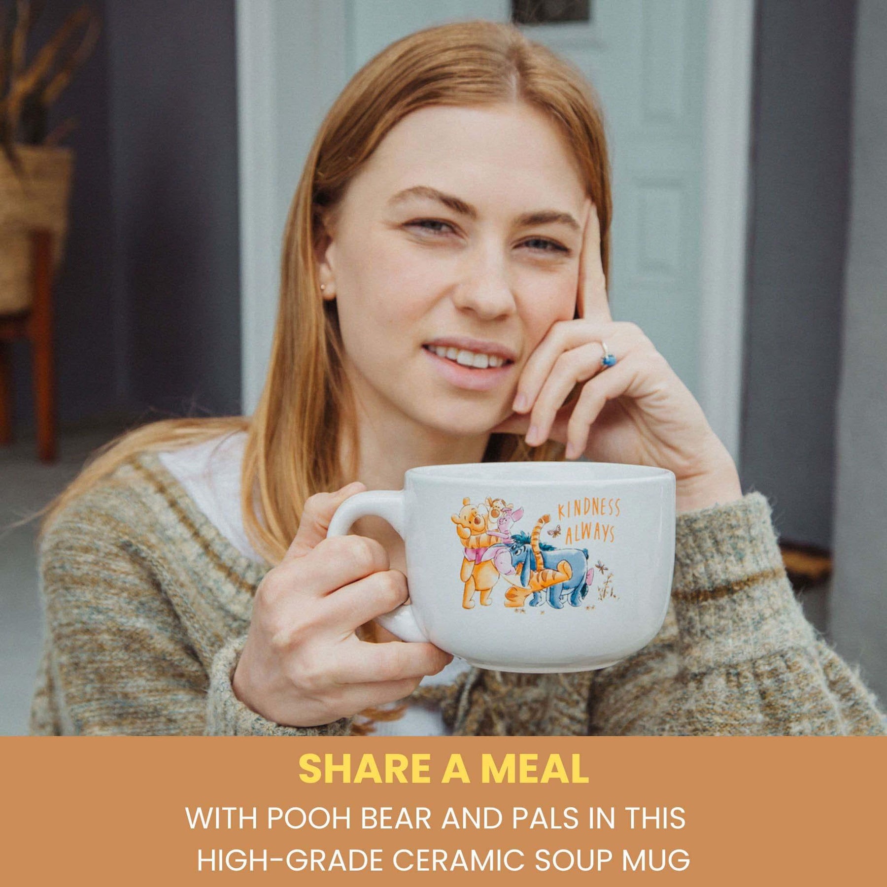 Disney Winnie The Pooh "We Are Family" Ceramic Soup Mug With Lid | 24 Ounces