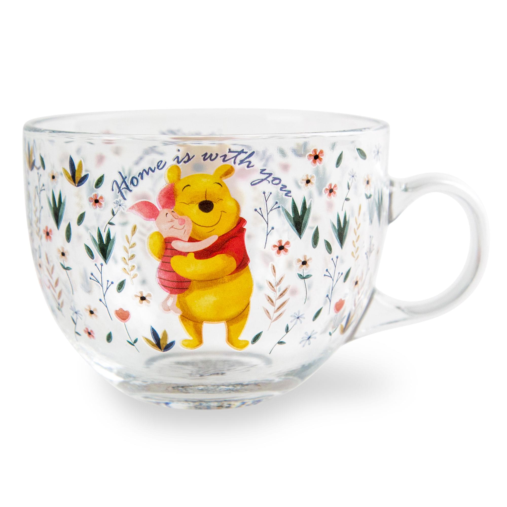 Disney Winnie the Pooh and Piglet Floral Glass Mug | Holds 16 Ounces