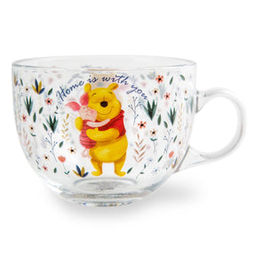 Disney Winnie the Pooh and Piglet Floral Glass Mug | Holds 16 Ounces