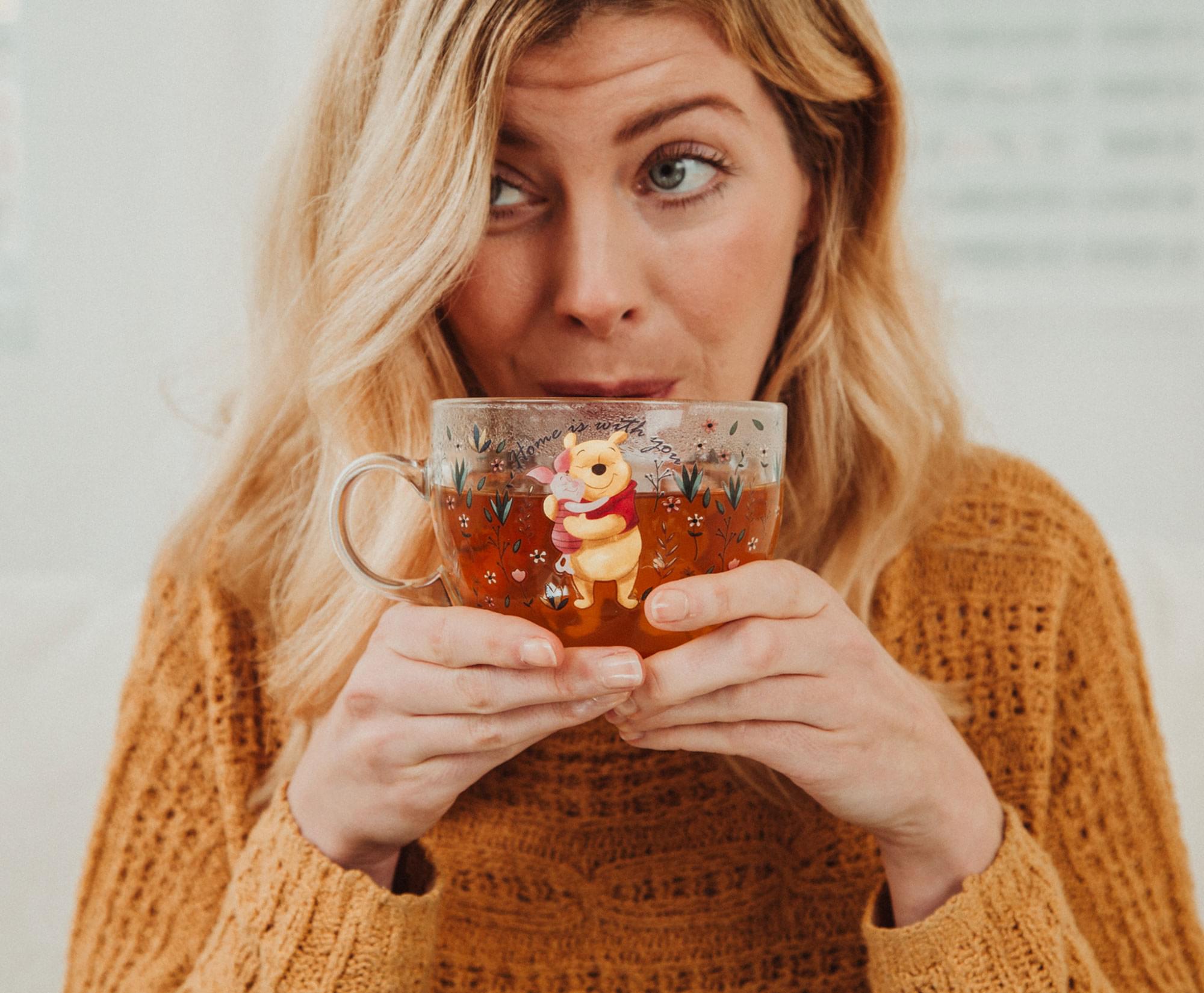 Disney Winnie the Pooh and Piglet Floral Glass Mug | Holds 16 Ounces