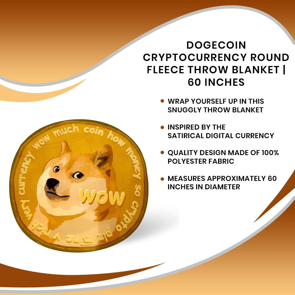 Dogecoin Cryptocurrency Round Fleece Throw Blanket | 60 Inches